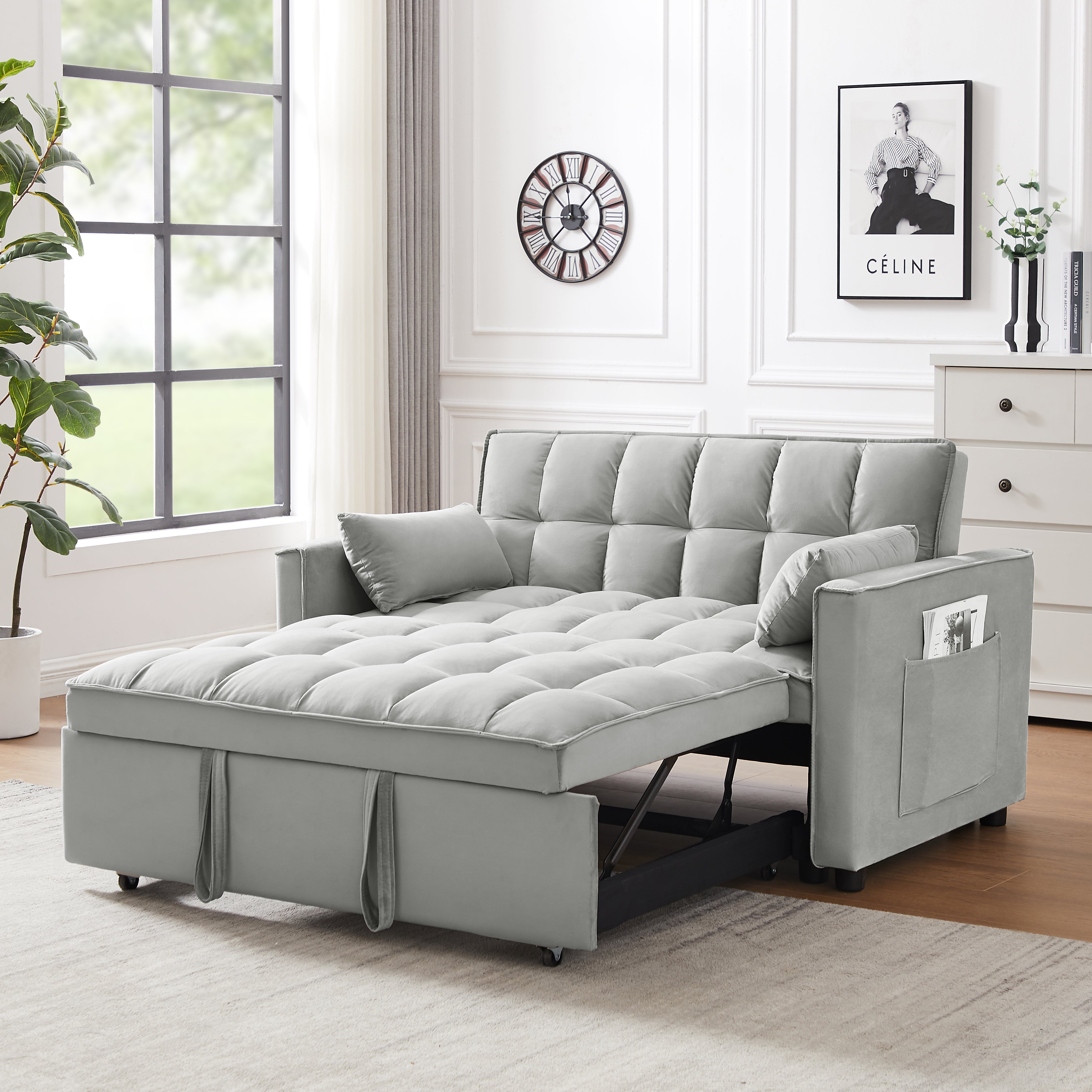 Modern Velvet Loveseat Futon Sofa with Backrest, Paddle, Pocket, Living Room Furniture, 3-in-1 Convertible Sleeper Sofa Bed, Gre