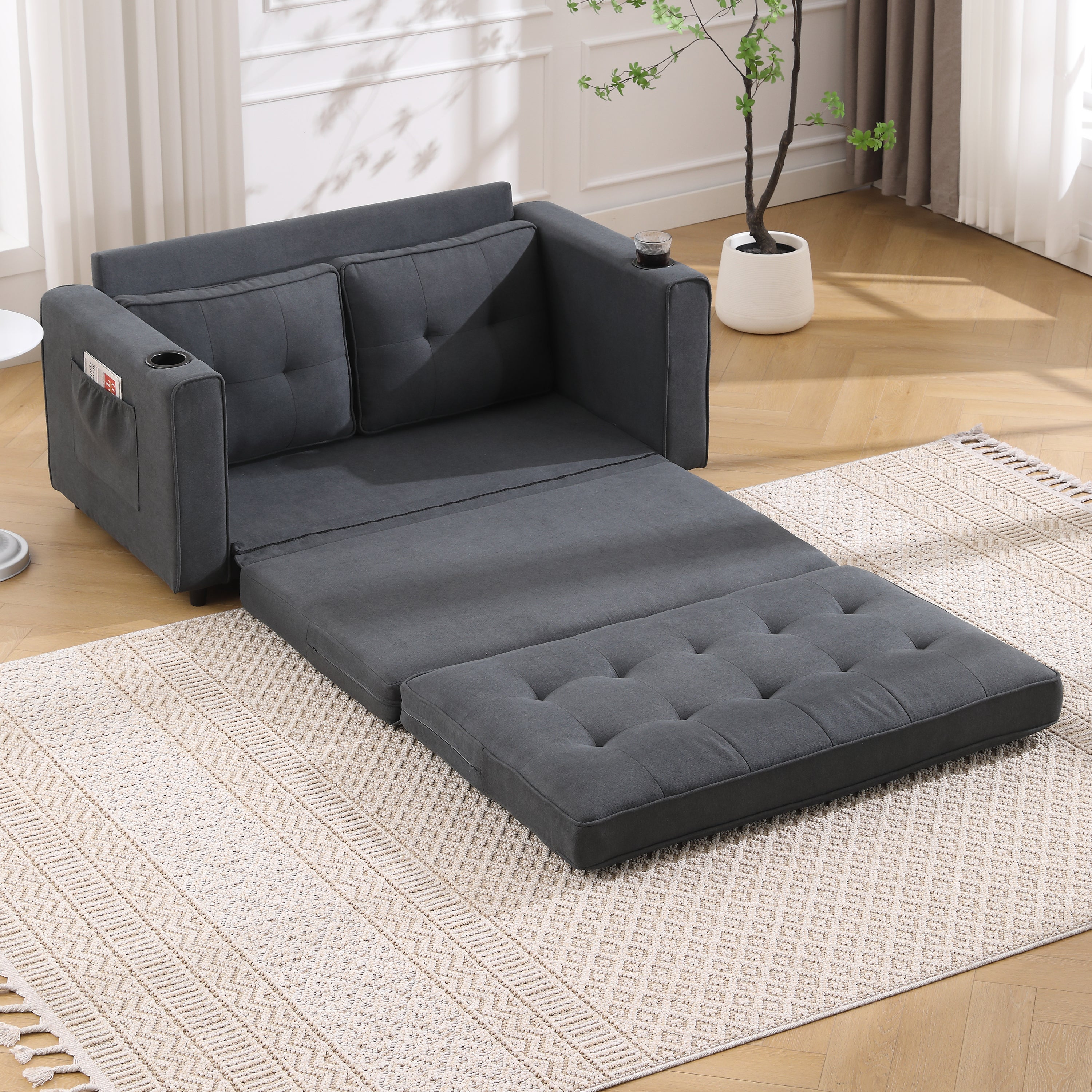 Three in one soft cushion cushion cushion sofa, folding mattress sofa bed, with side pockets and cup holder, dark gray