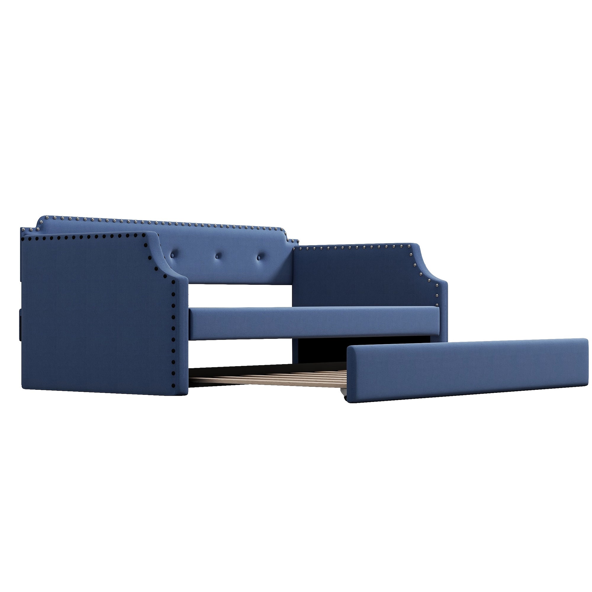 Upholstered Daybed with Trundle, Wood Slat Support,Upholstered Frame Sofa Bed Twin Blue