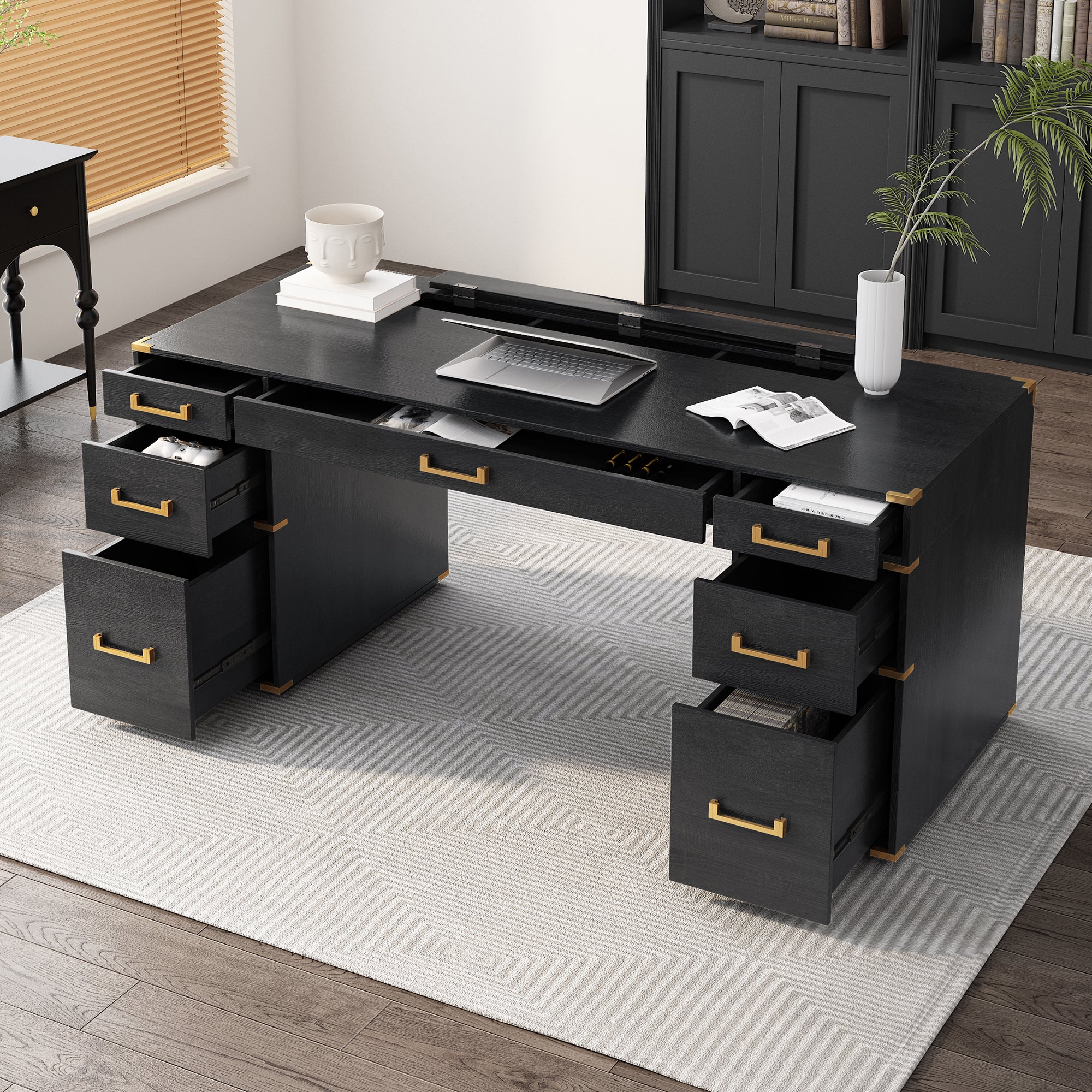 70 inch classic and traditional executive desk with metal trim, writing desk with 2 file drawers, USB ports, and sockets, black