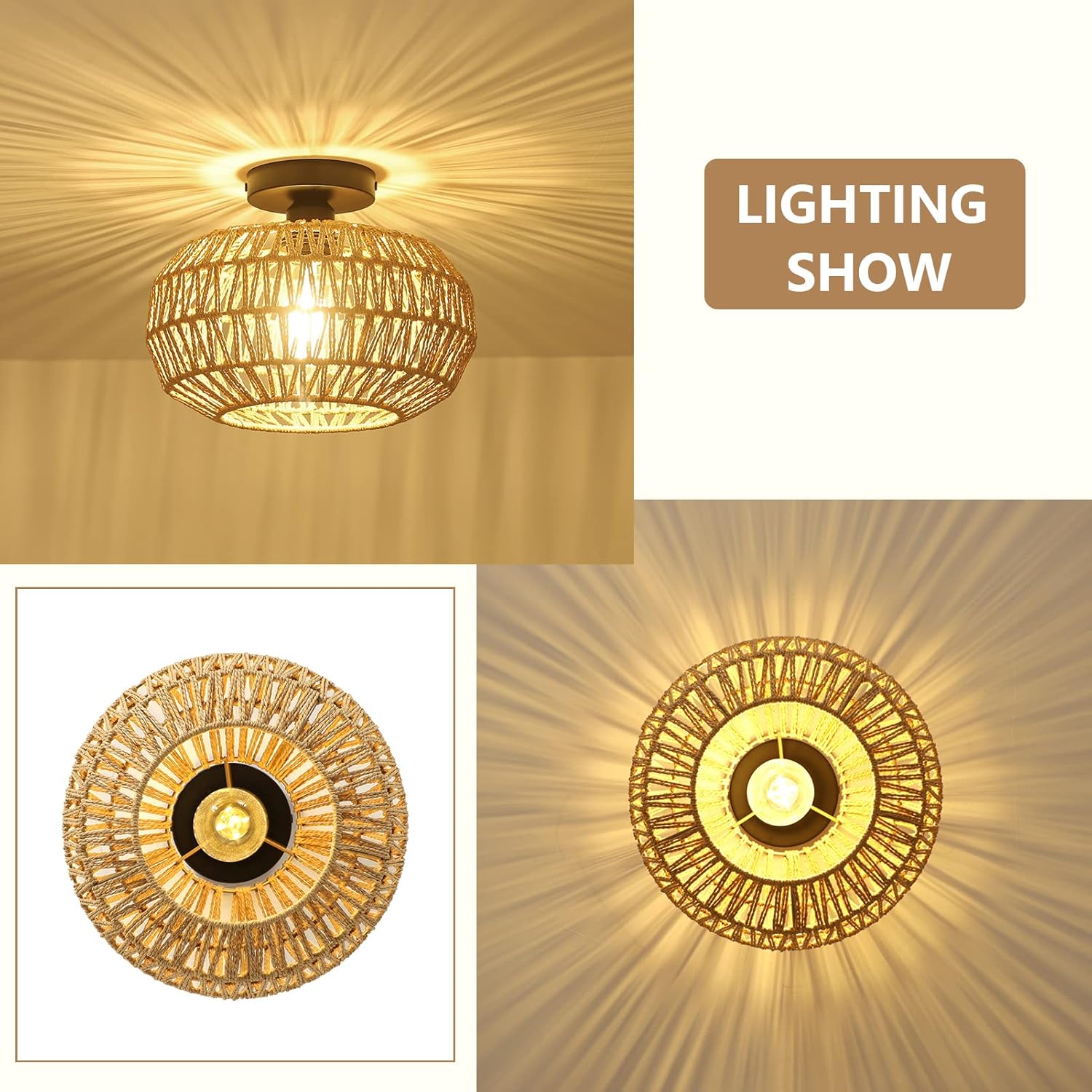 Rattan Light Fixtures Ceiling Mount,Boho Ceiling Light Fixture with Dimmable LED Bulb Mini Hand Woven Rattan