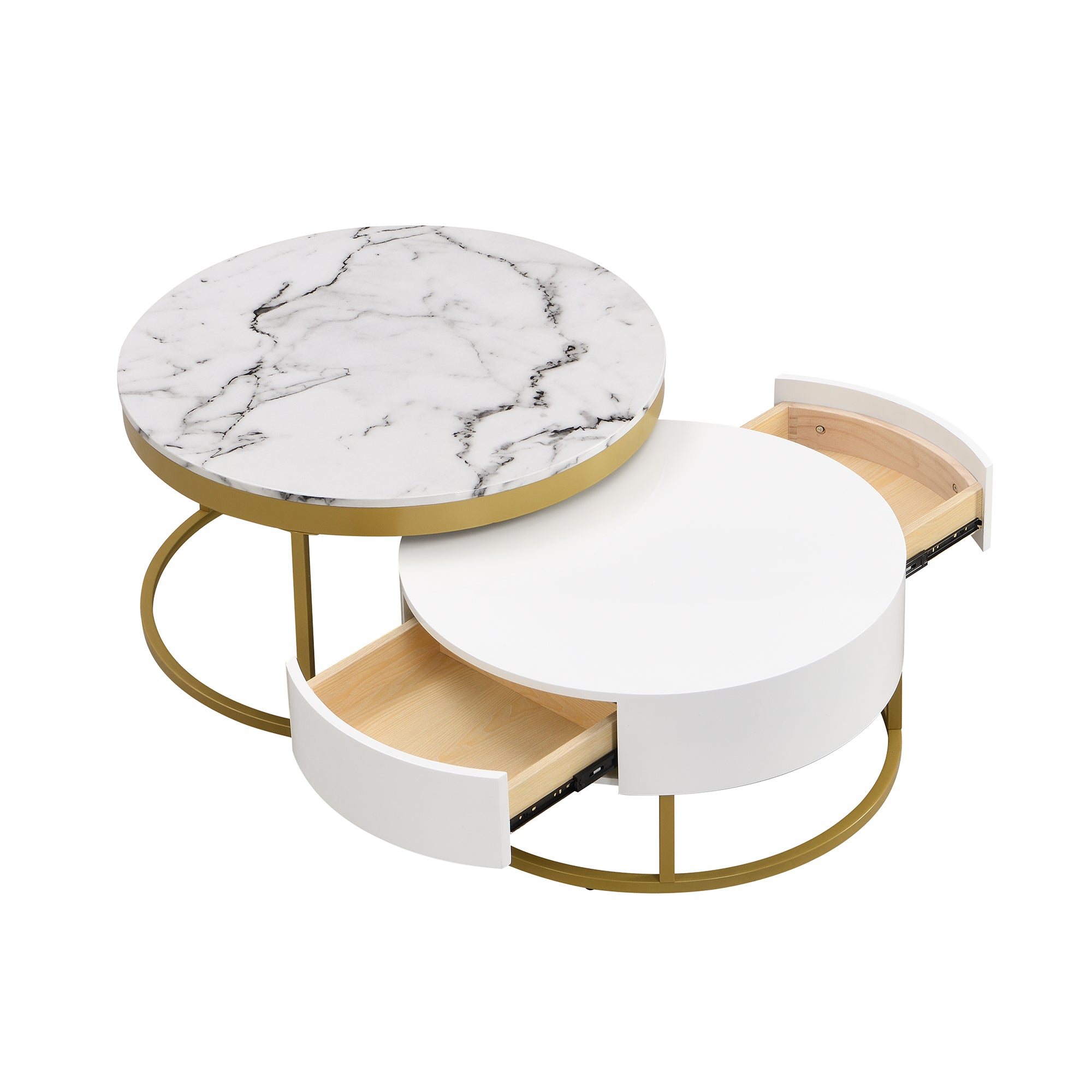 Modern Round Nesting Coffee Table with Drawers in White