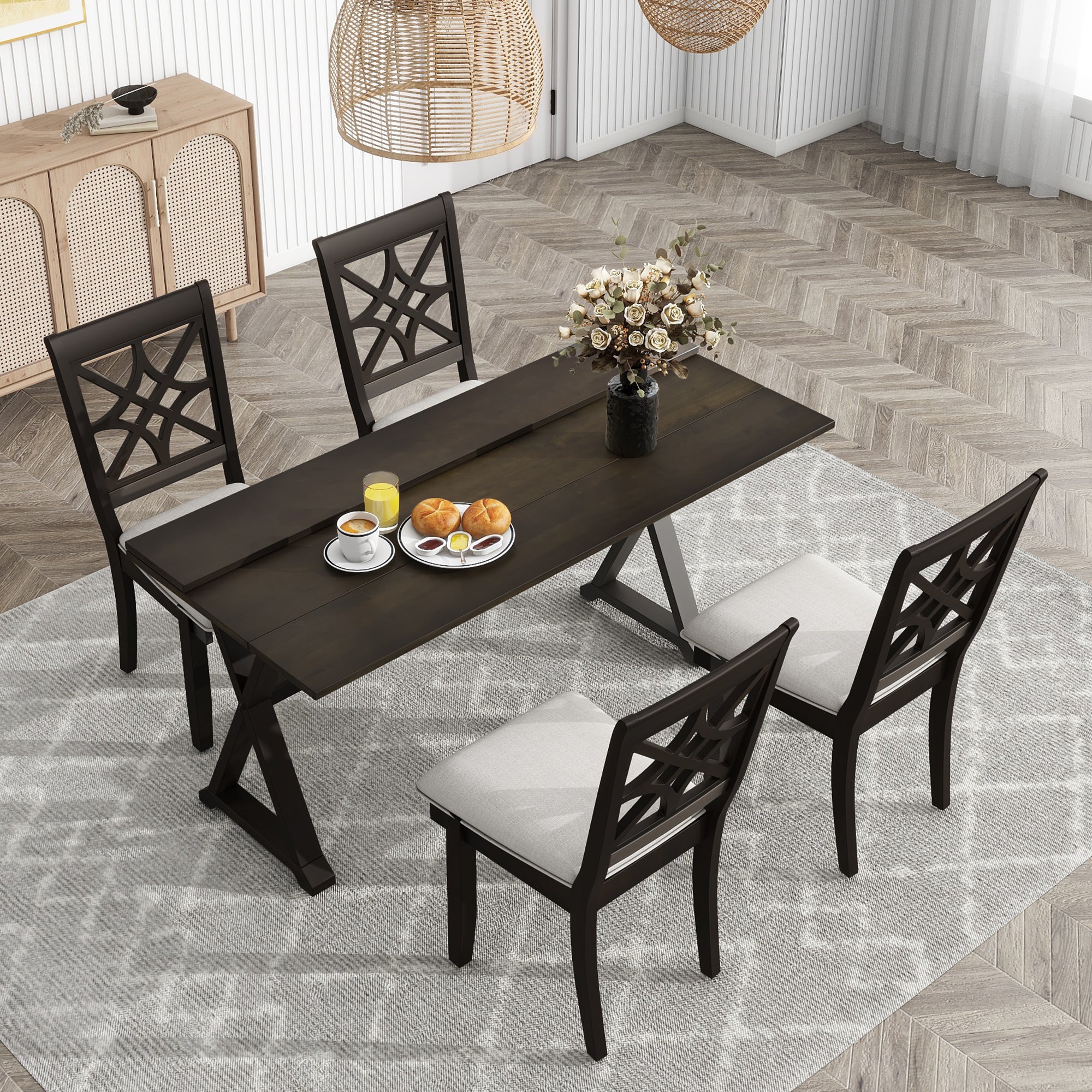 TOPMAX 5-piece set of 62 * 35.2-inch retractable dining table with two 8.8-inch consoles and deep walnut padded dining chairs