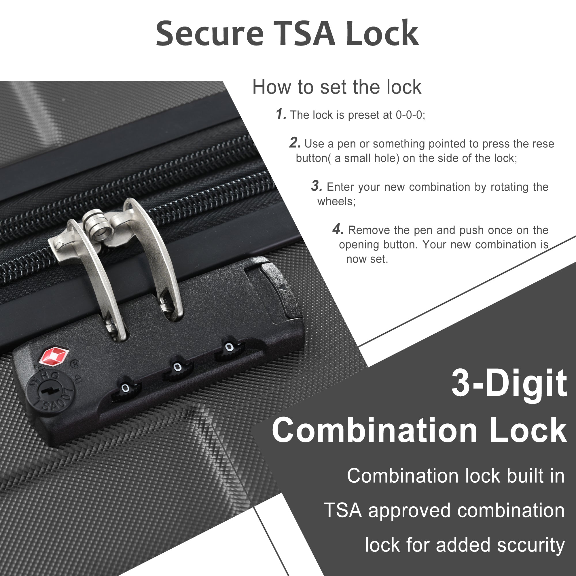 Hardshell Luggage Sets 3 Pcs Spinner Suitcase with TSA Lock Lightweight 20''24''28'' Black + ABS