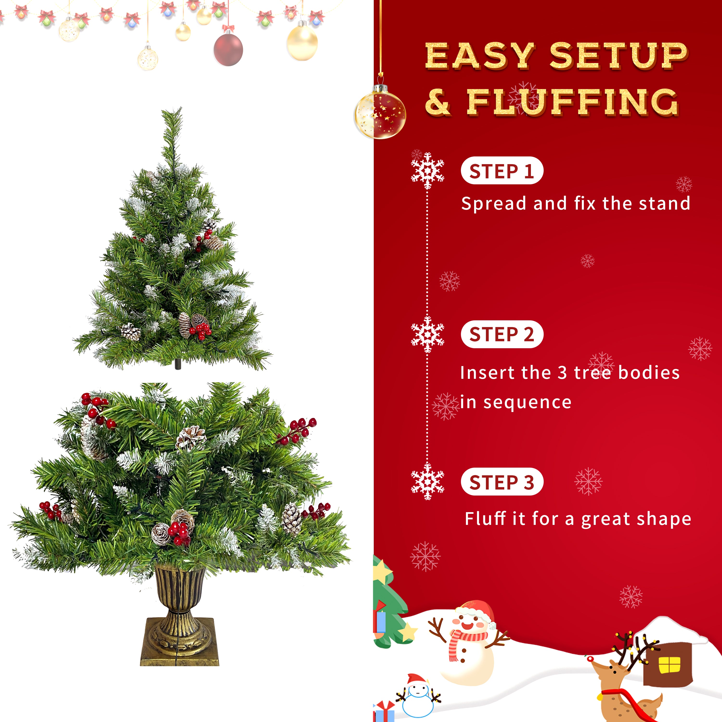 Christmas Tree Artificial Christmas 4-piece Set, including flower wreath, flower wreath, and 2 entrance trees, with LED lights