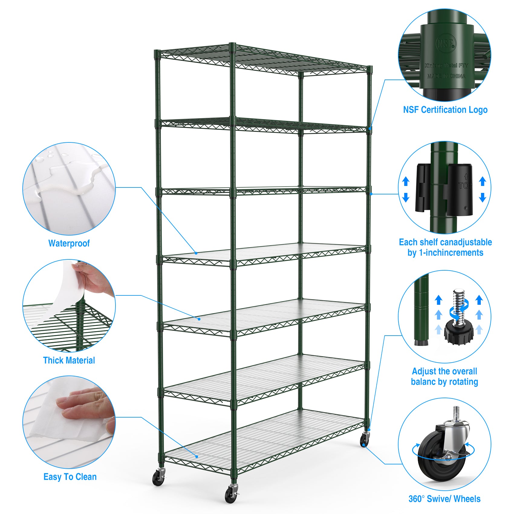 7 Tier Wire Shelving Unit 2450 LBS NSF Height Adjustable Metal Garage Storage Shelves with Wheels Green