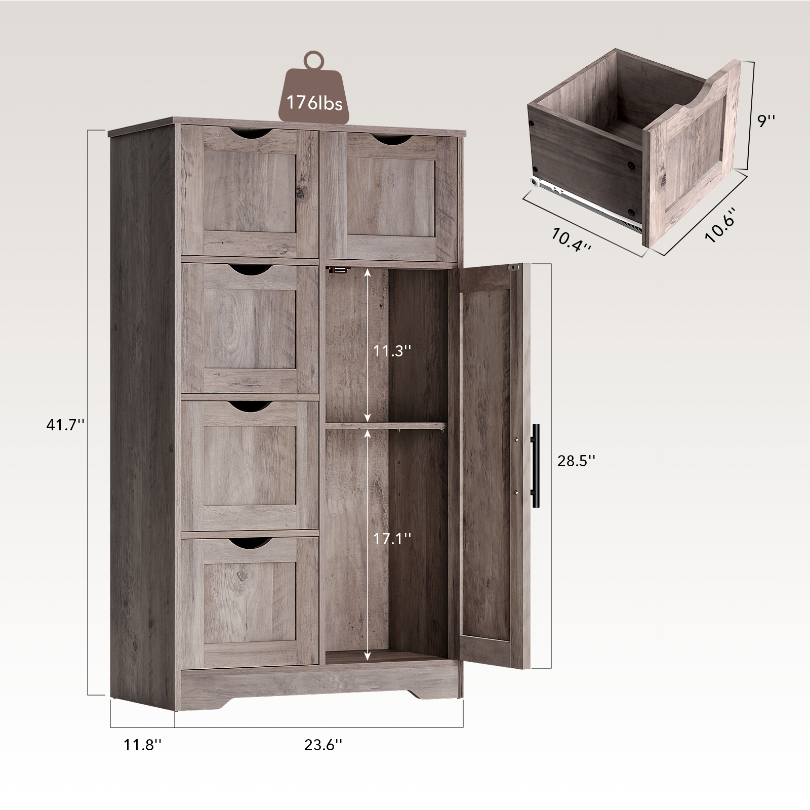 Bathroom Storage Cabinet with Storage 5 Drawers and 1 Door, Entryway Cabinet with Adjustable Shelf Grey