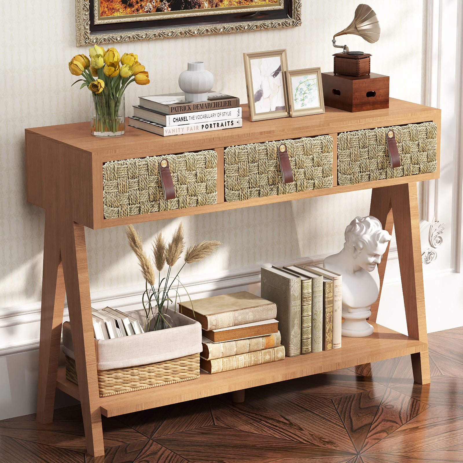 Medieval modern console table with entrance storage space, multifunctional entrance table with 3 drawers, open storage rack