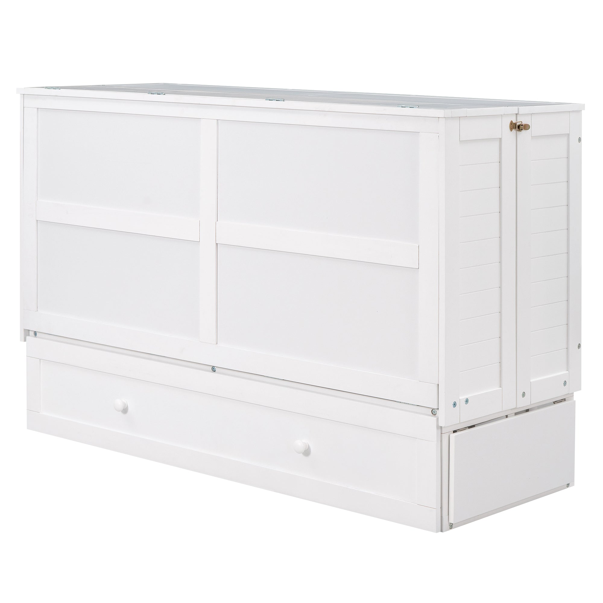 Queen Size Mobile Murphy Bed with Drawer and Little Shelves on Each Side White