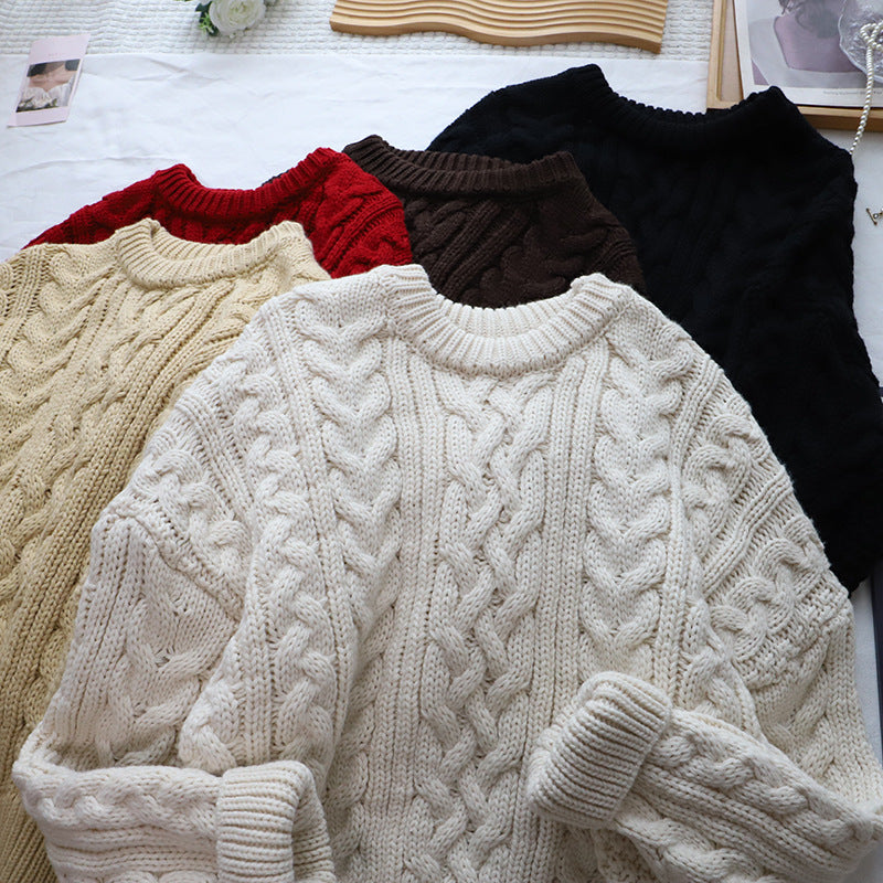 Round Neck Cable Knit Loose Lazy Versatile Thick Knitted Sweater for Women