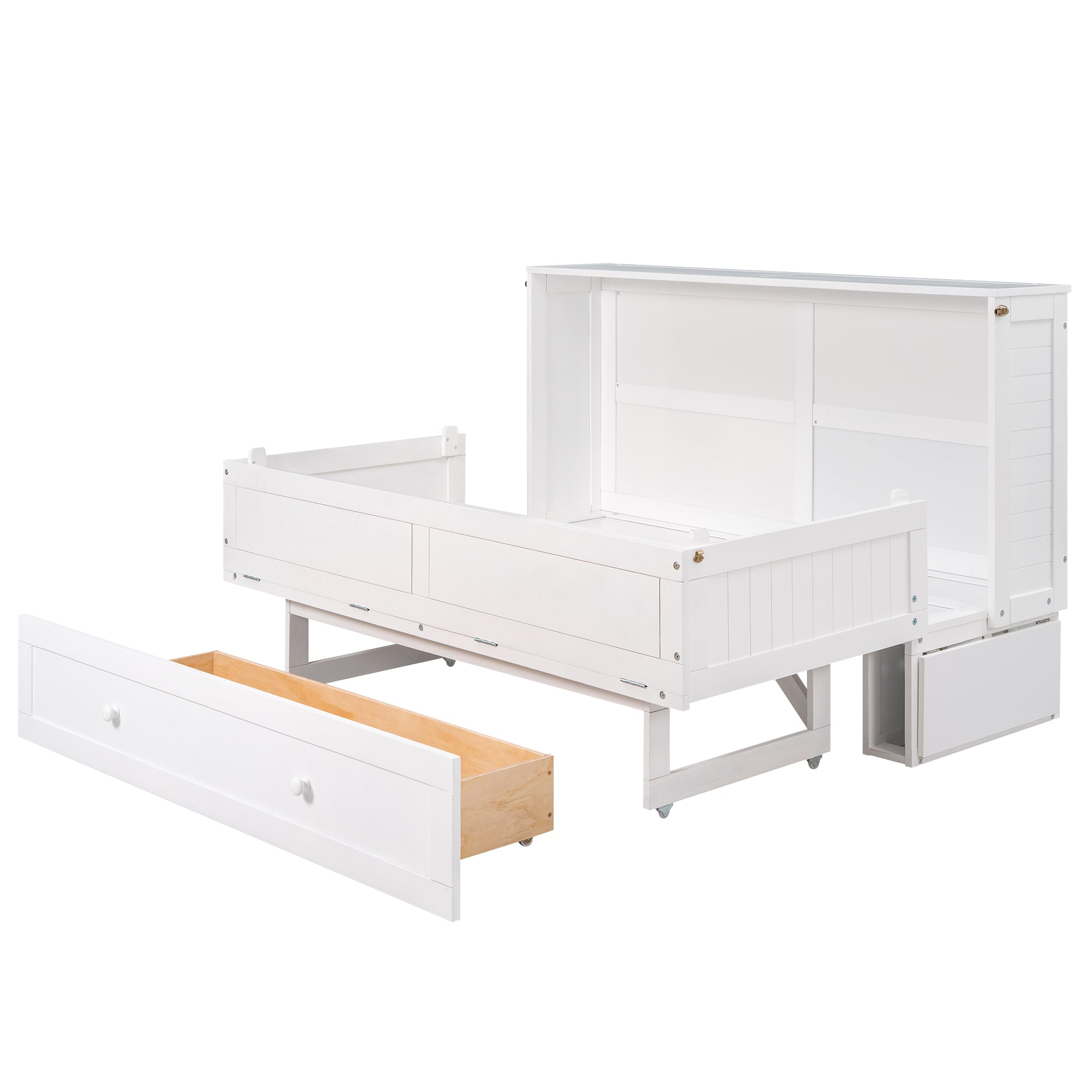 Queen Size Mobile Murphy Bed with Drawer and Little Shelves on Each Side White