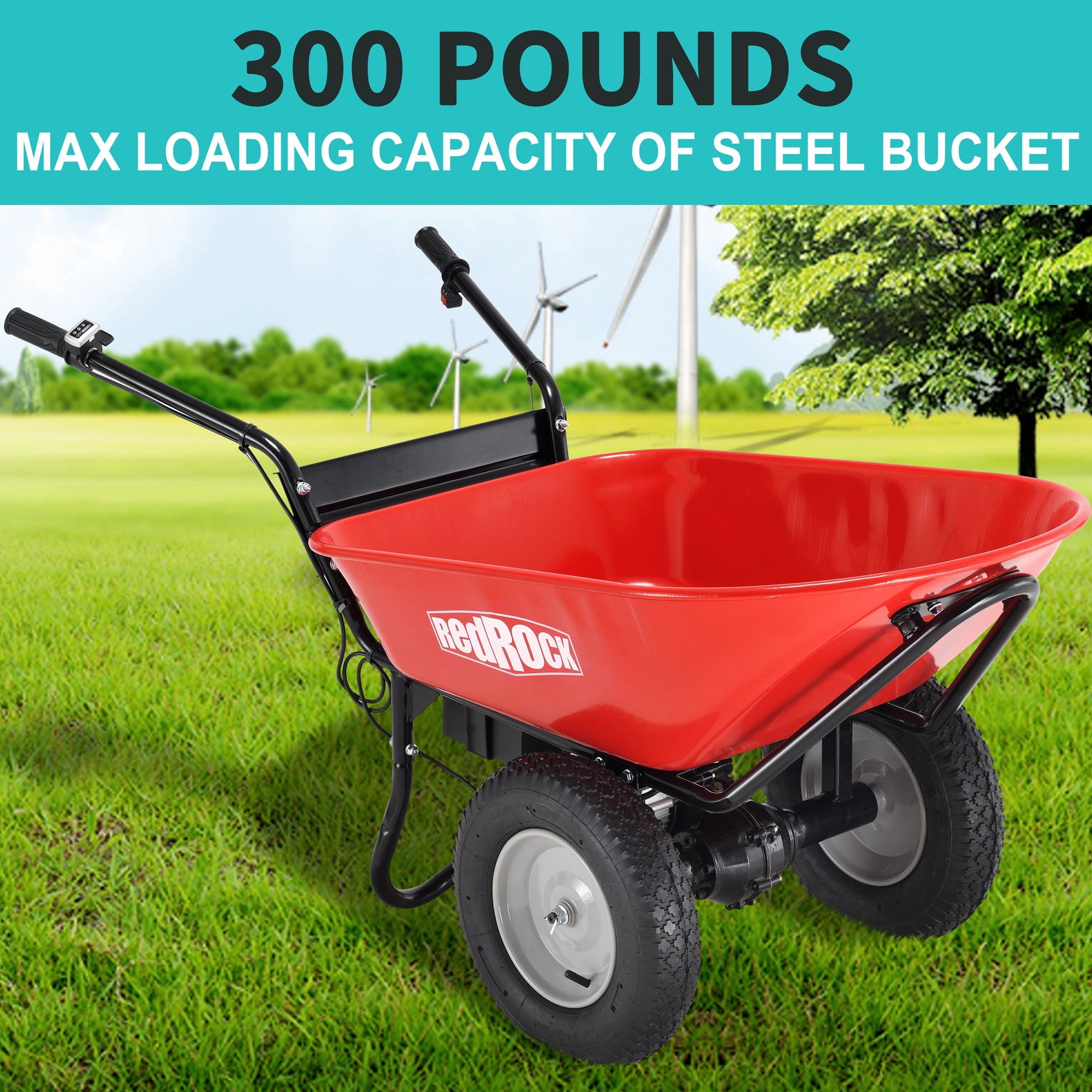 Red Rock Wheelbarrow Utility Cart Electric Powered AGM Battery 330lbs (150kgs) Max Capacity Barrel Dump Material Debris Hauler