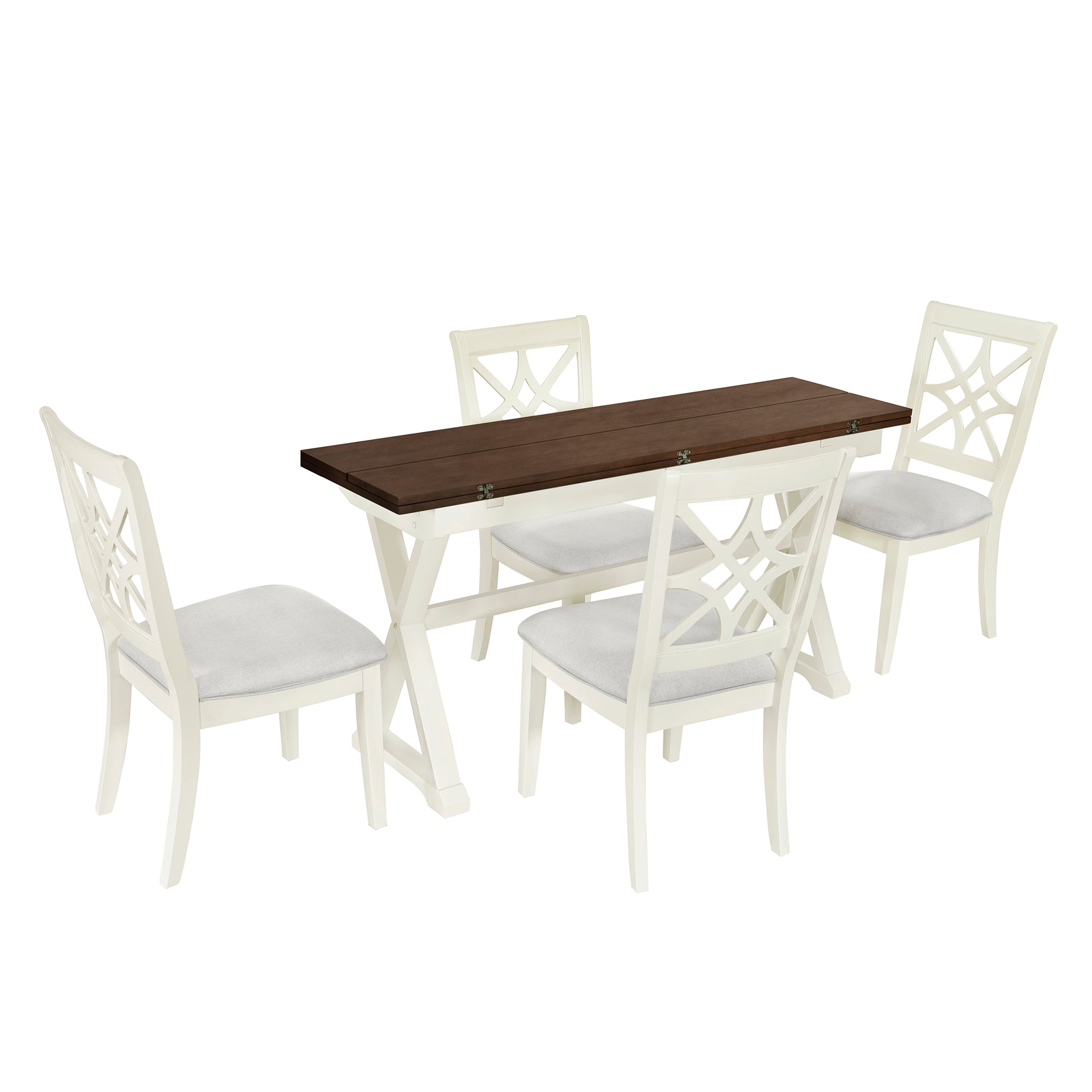 TOPMAX 5-piece set of 62 * 35.2-inch retractable dining table with X-shaped legs, two 8.8-inch flip beige dining chairs