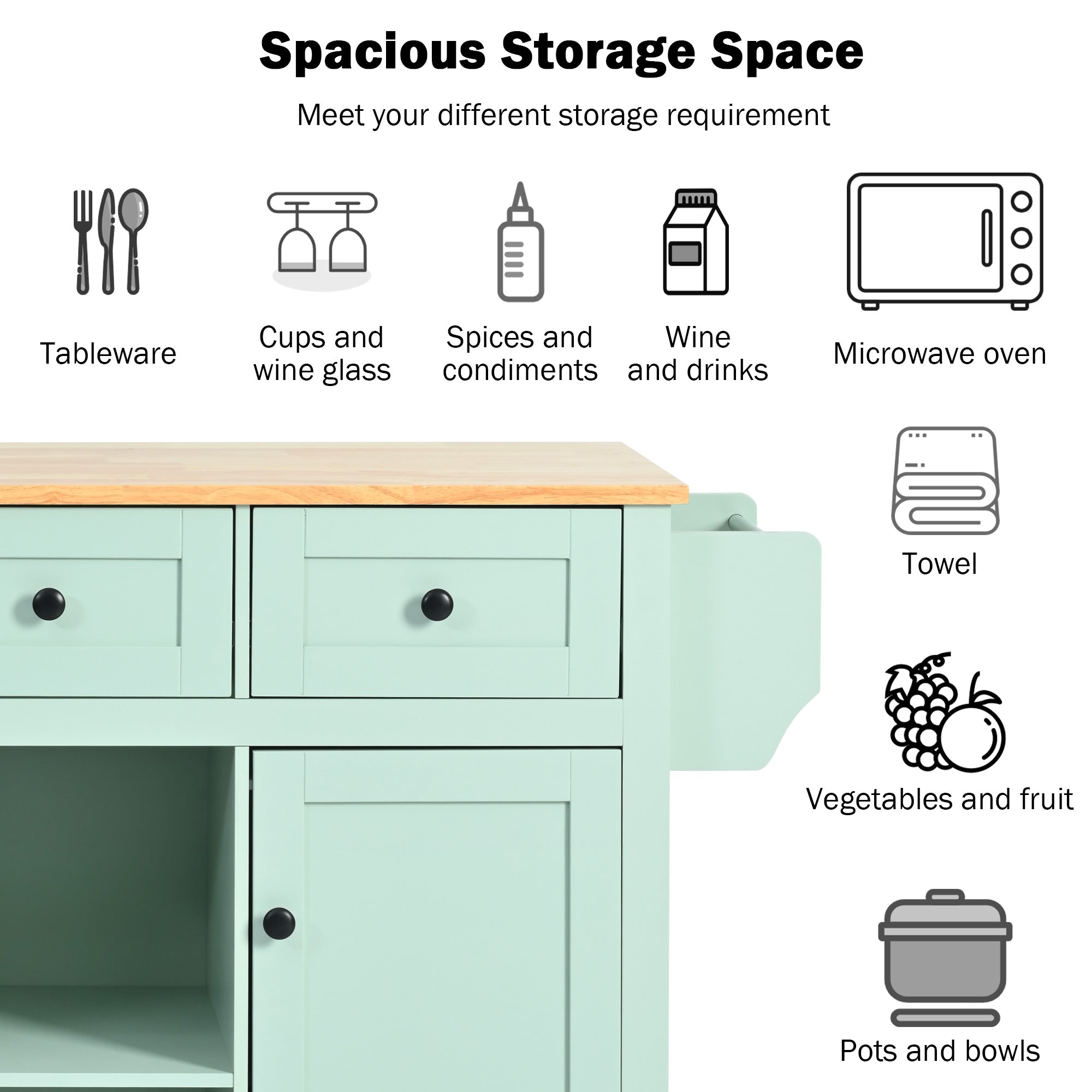 Kitchen trolley, cabinet door internal storage rack with storage cabinet and 3 dining room drawers, mint green