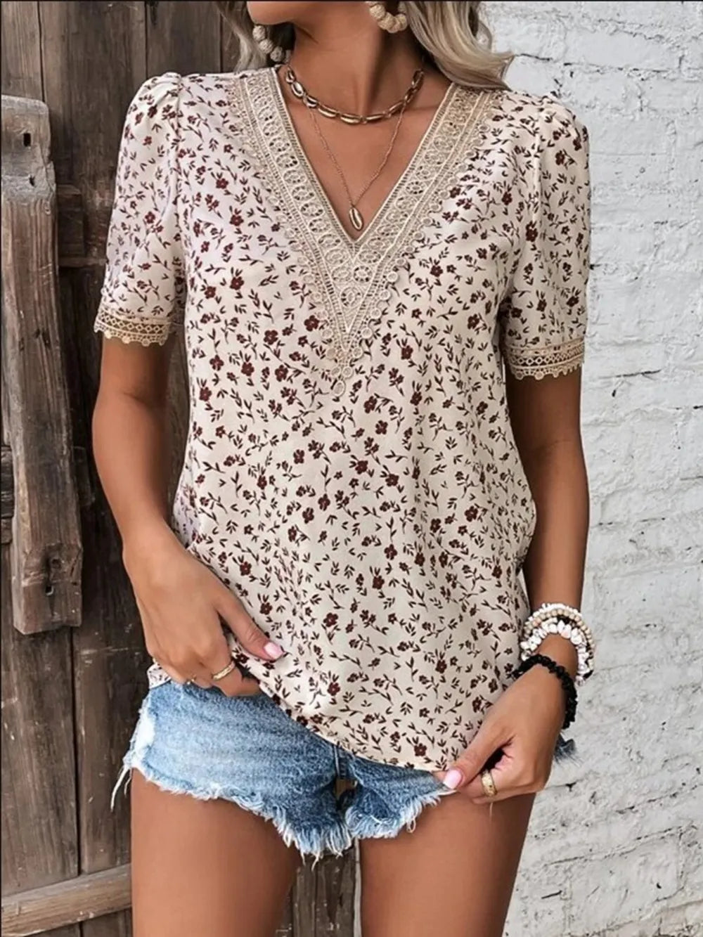 Women's V-neck lace casual solid color shirt