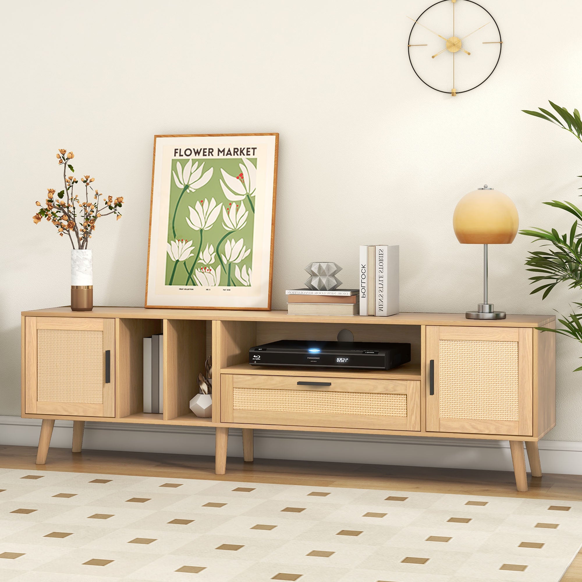 Vine TV stand with 2 cabinets and 2 open shelves, suitable for TVs under 80 inches, with solid wood legs for TV cabinets