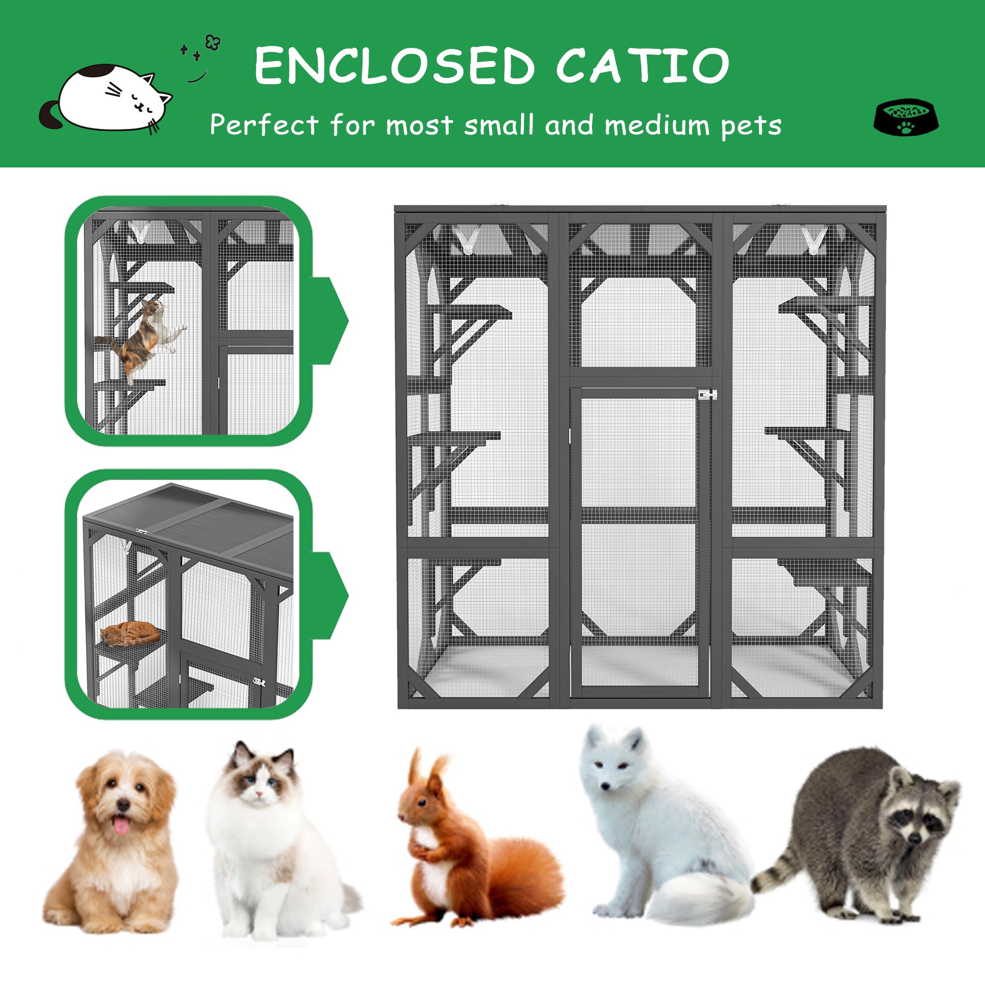 Catio Outdoor Cat Fence Cat House Wooden Cat Cage Six Platforms Large Entrance Door, Waterproof Roof 60 inches Grey