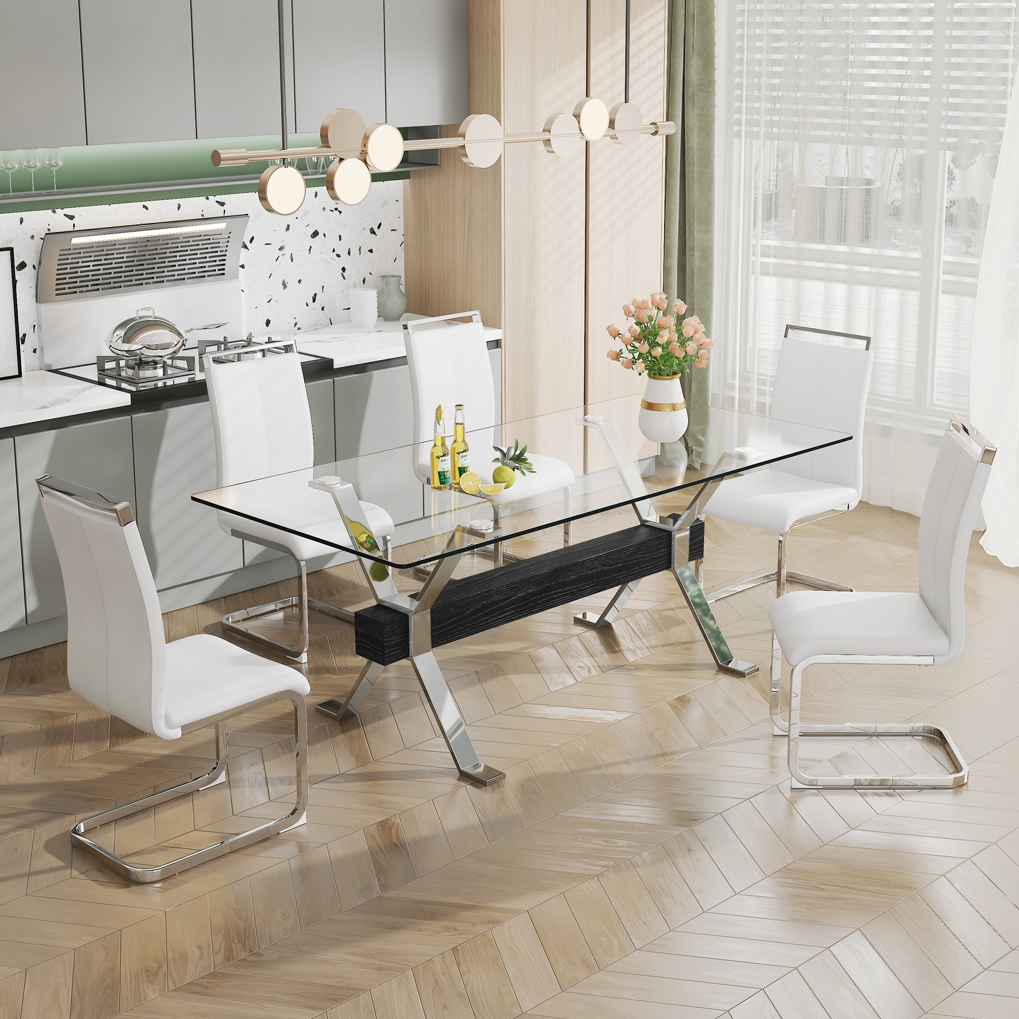 Dining table Modern tempered glass dining table Large modern office desk with silver plated metal legs and MDF crossbars