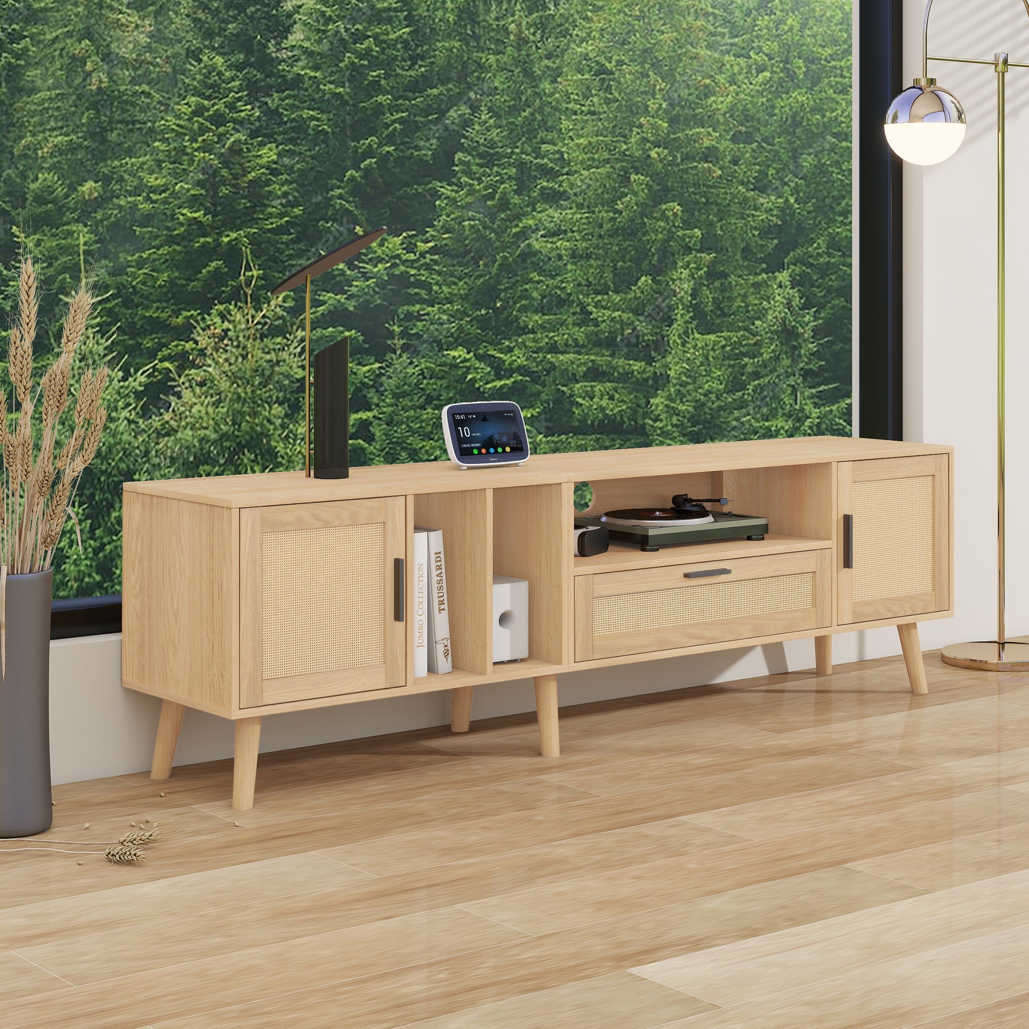 Vine TV stand with 2 cabinets and 2 open shelves, suitable for TVs under 80 inches, with solid wood legs for TV cabinets