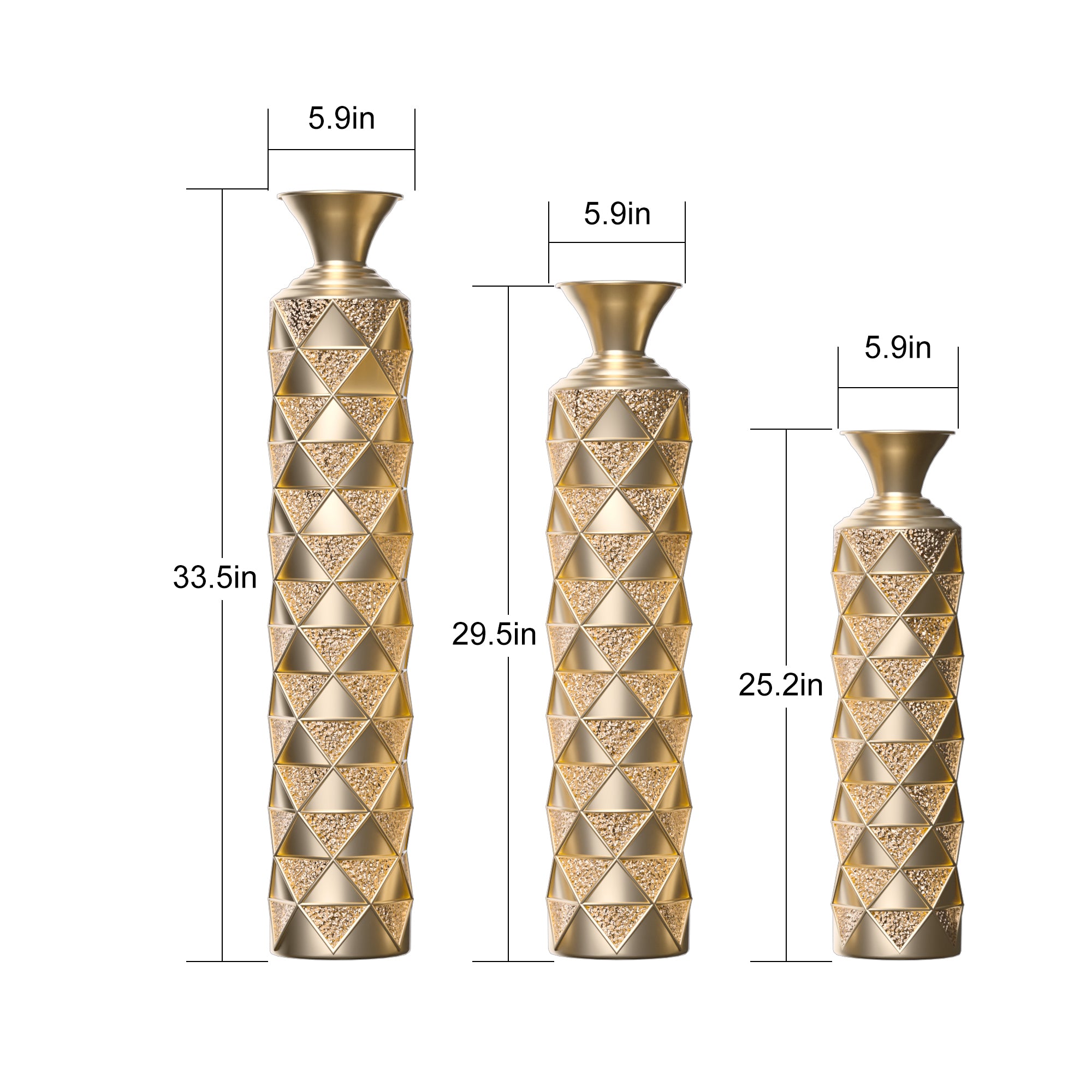 High pressure metal center vase with 3D triangular pattern, set of 3 vases, height 33.5 inches, 29.5 inches, 25.2 inches, gold