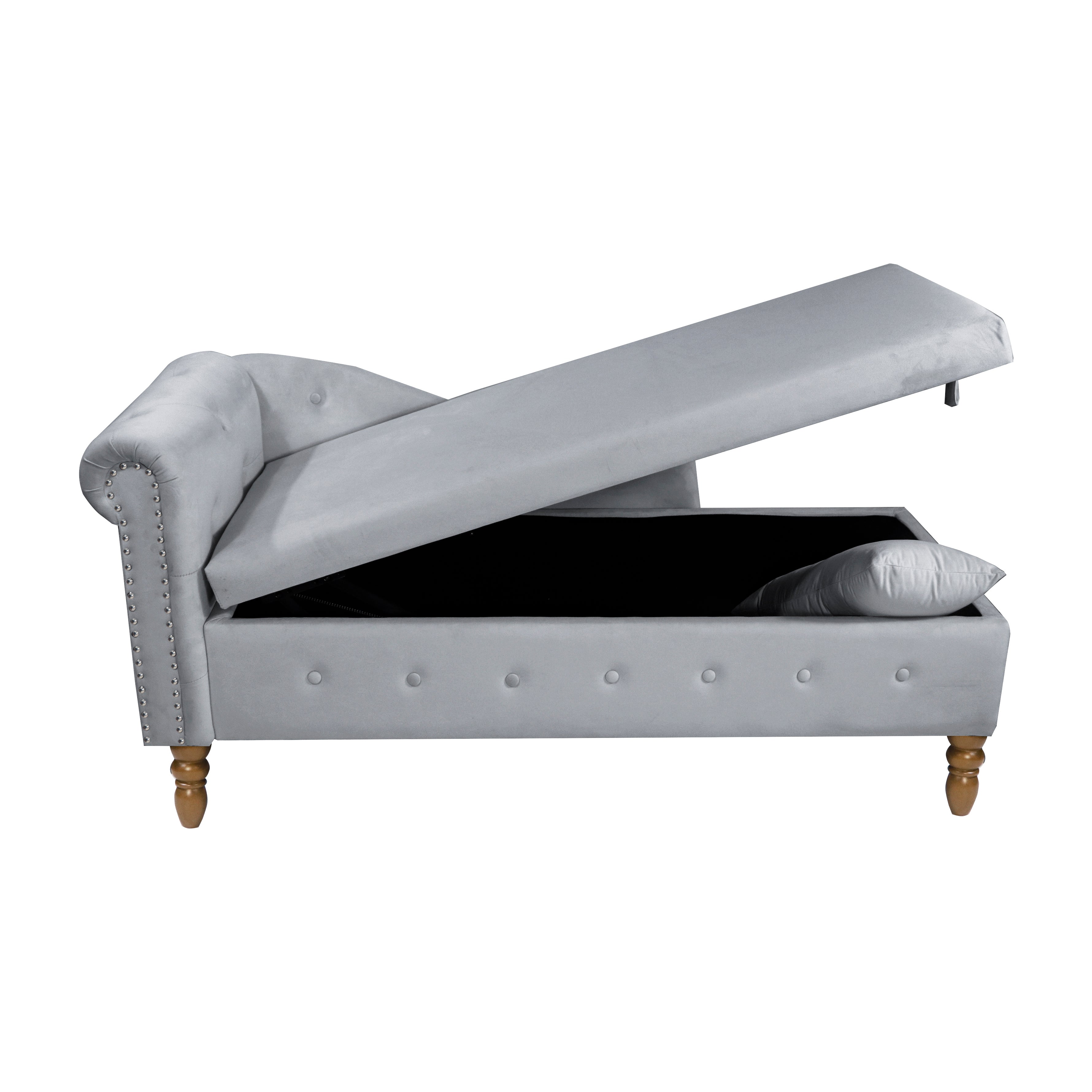 Grey Chaise Lounge Indoor Velvet Lounge Chair for Bedroom with Storage & Pillow Modern Upholstered Rolled Arm Chase Lounge