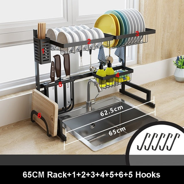 Égouttoir à vaisselle en acier inoxydable noir 65/85 cm en forme de U pour évier, support de rangement de cuisine à deux niveaux