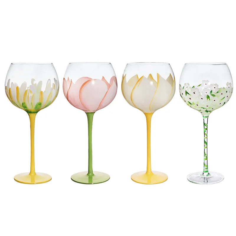 1 Piece Hand Painted Glass Goblet Cup Creative Red Wine Glasses Cup Flower Painted Stemware for Wedding Party Events