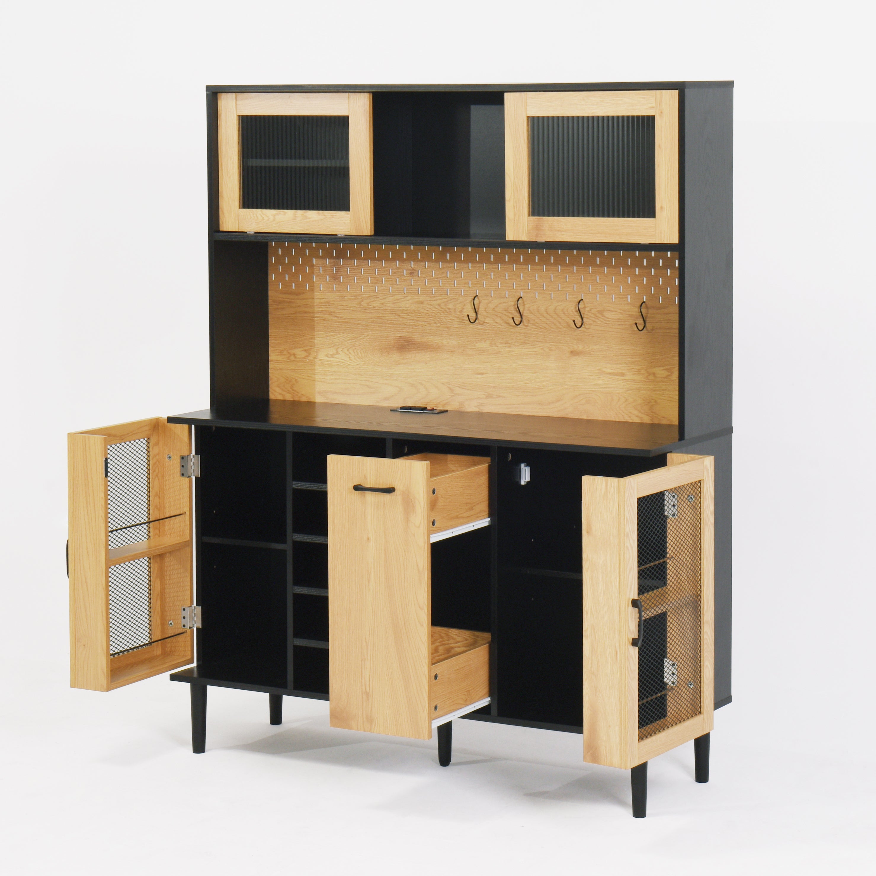 59 "H buffet side cabinet with storage door and power outlet, coffee bar cabinet with wine rack, black and natural colors