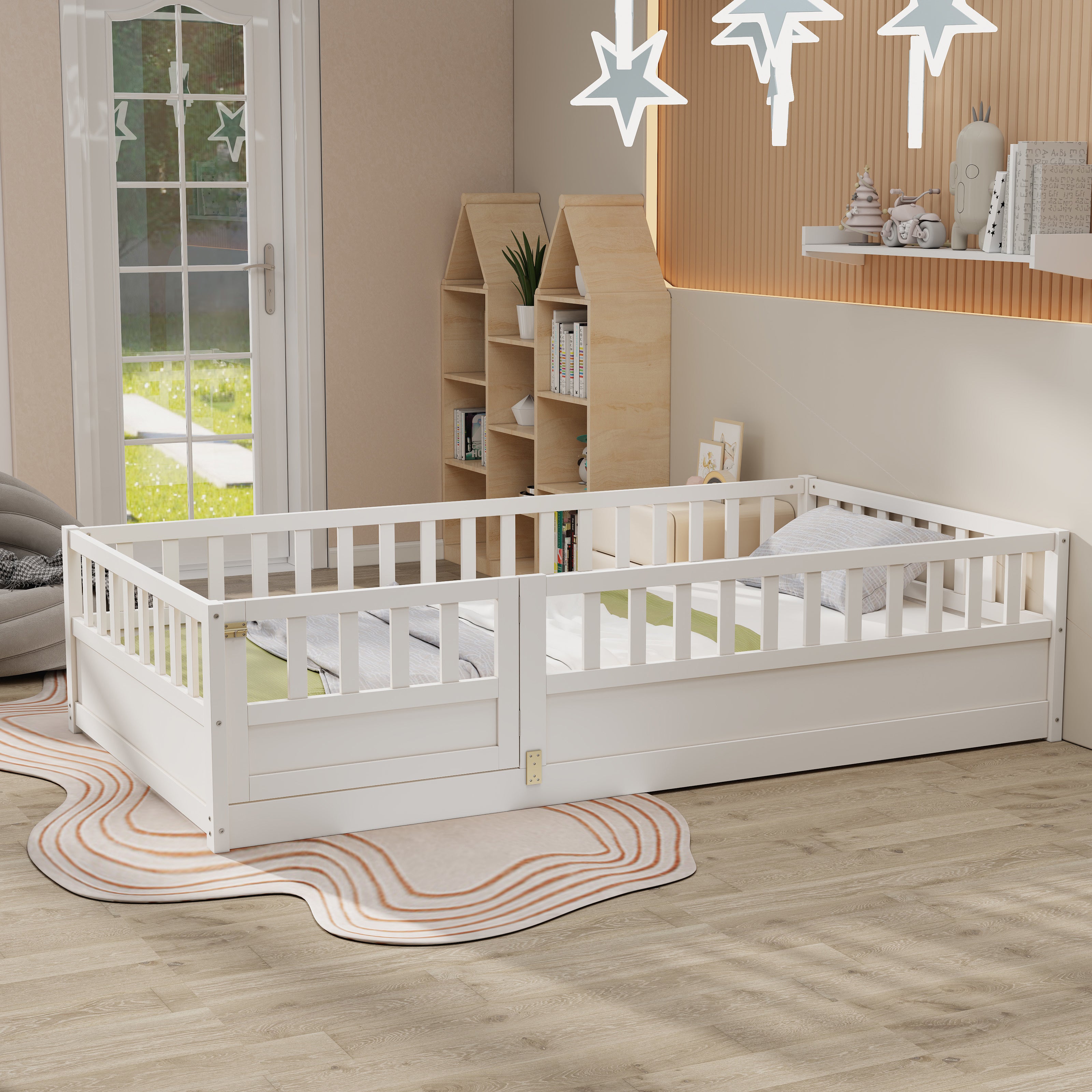 Double bed floor standing bed, ultra-high safety barrier door, children's floor standing bed frame, Montessori wood white