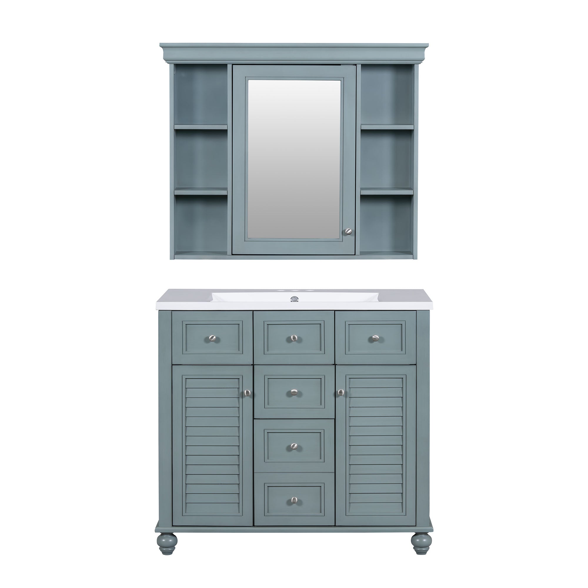 36 inch modern mirror cabinet with adjustable shelves, 2 soft closing doors, and 6 drawer storage cabinet door organizers