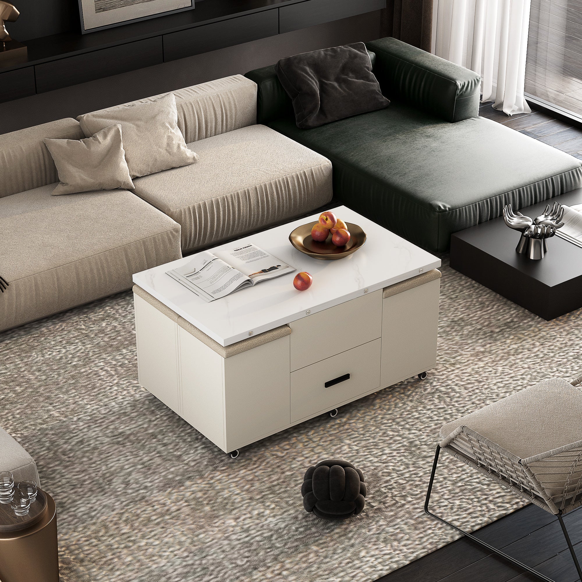 Modern lift coffee table, living room with 4 chairs, expandable 1 hidden storage space+2 drawers, folding dining table