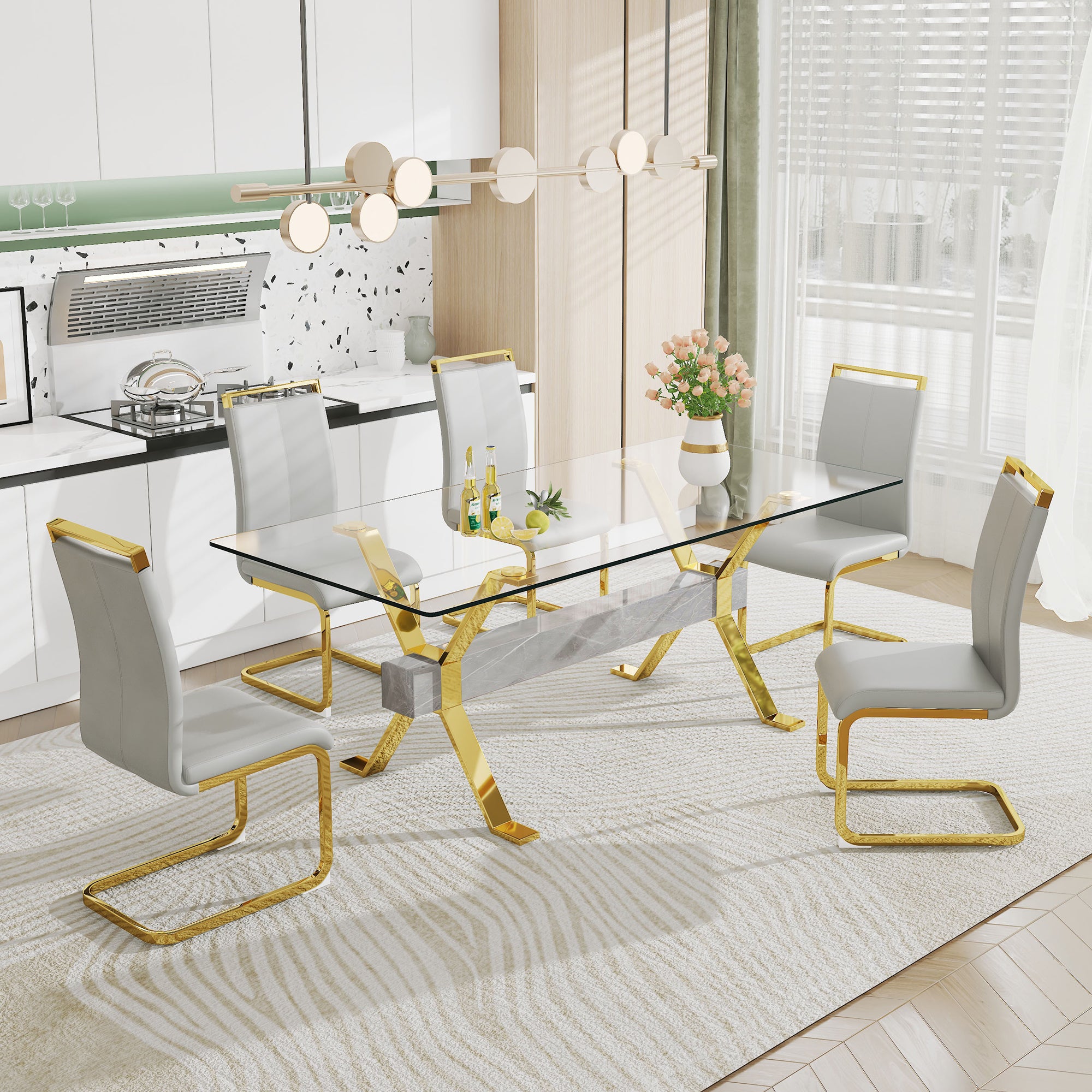 Dining table Modern tempered glass dining table Large modern office desk with gold plated metal legs and MDF crossbars