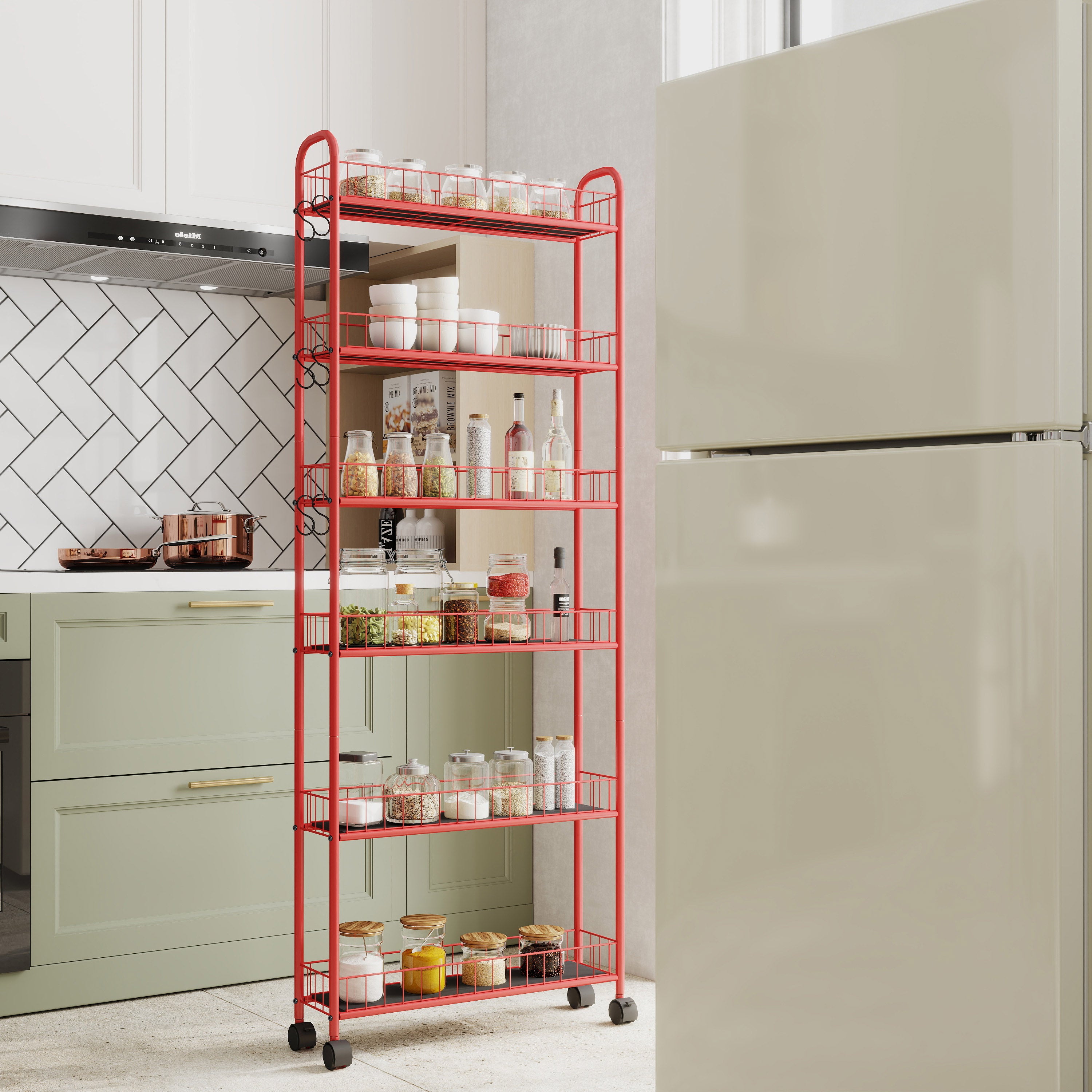 Red 6-story rolling cart gap kitchen ultra-thin sliding out storage tower shelf with wheels, 6 baskets