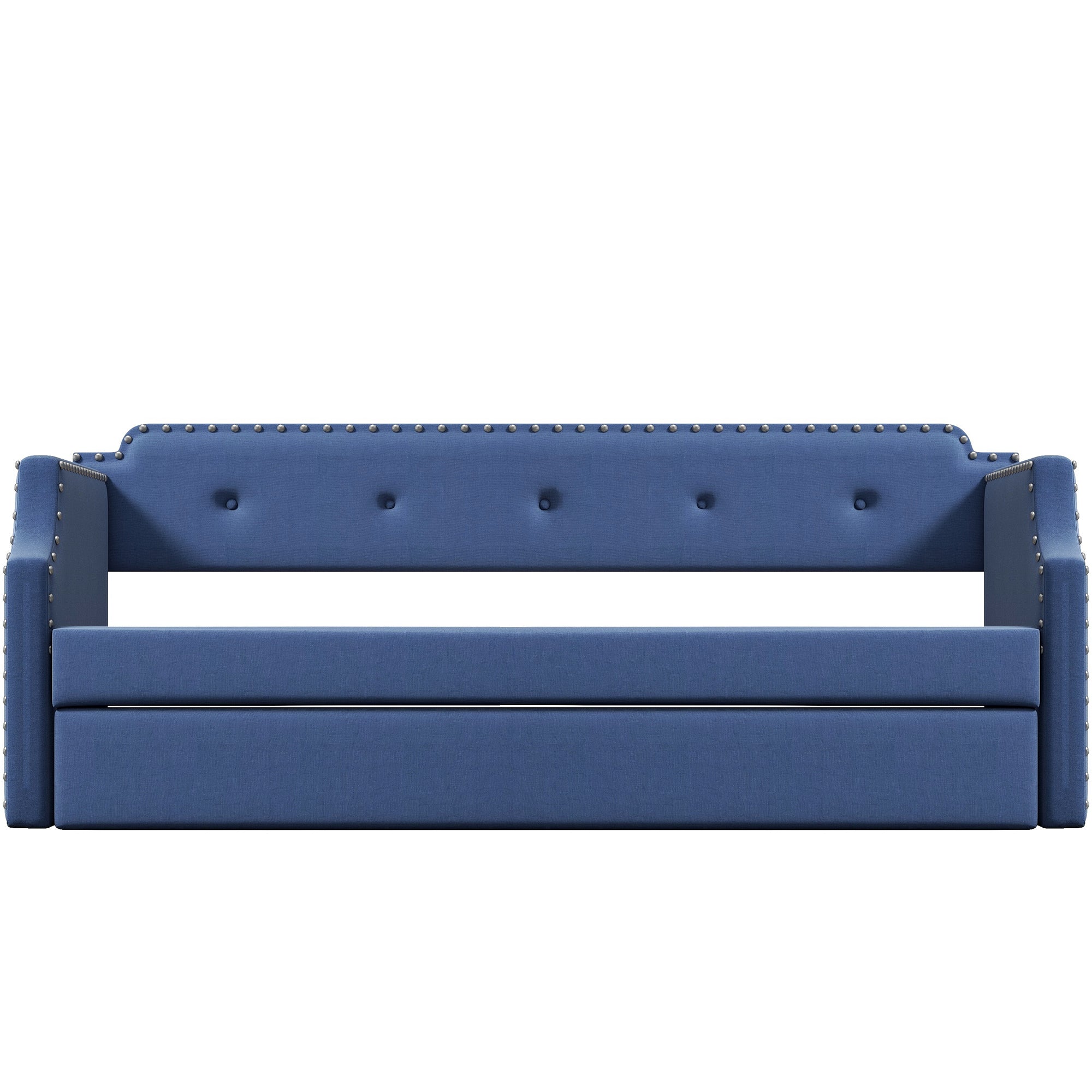 Upholstered Daybed with Trundle, Wood Slat Support,Upholstered Frame Sofa Bed Twin Blue