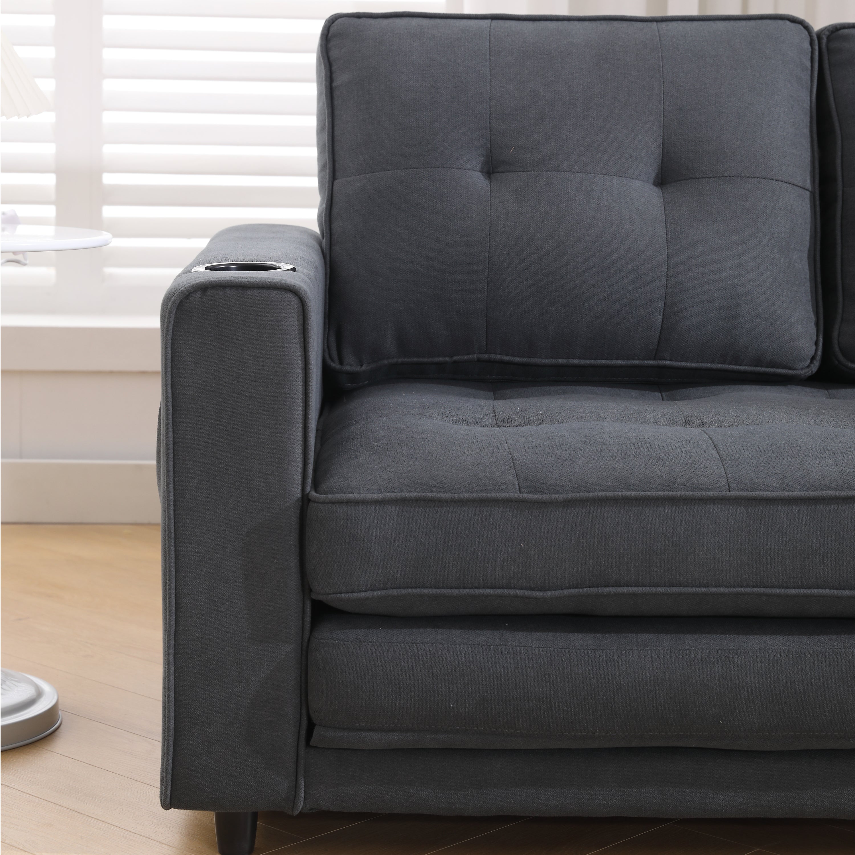 Three in one soft cushion cushion cushion sofa, folding mattress sofa bed, with side pockets and cup holder, dark gray