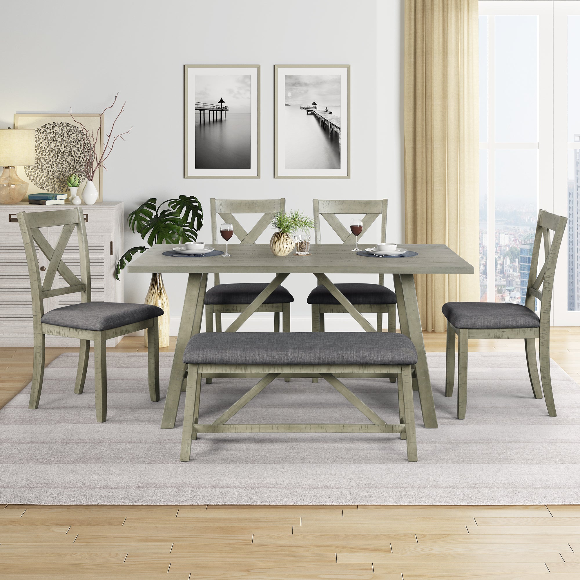 TOPMAX 6 Piece Dining Table Set Wood Dining Table and chair Kitchen Table Set with Table, Bench and 4 Chairs  Rustic Style Gray