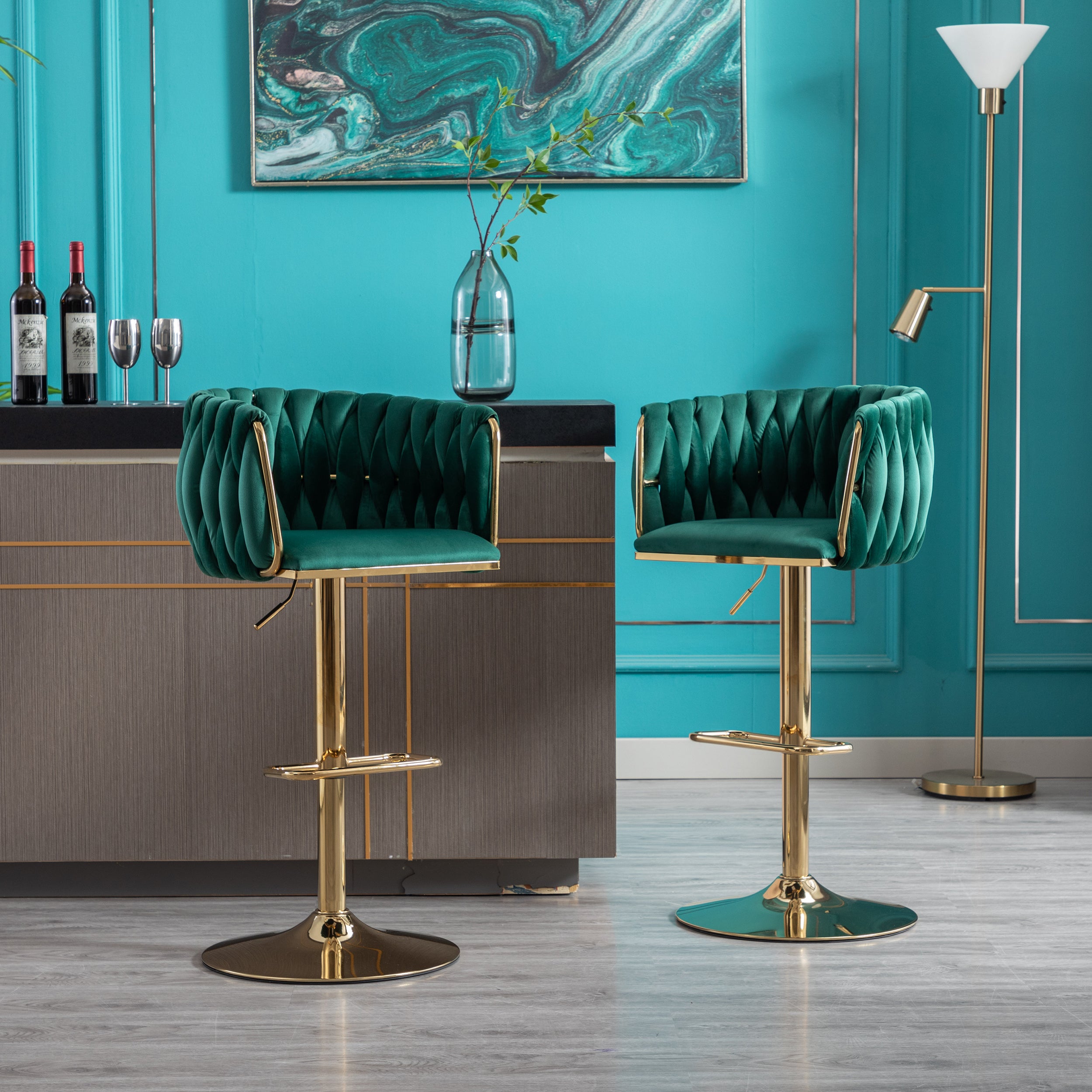 Set of 2 Bar Stools with Chrome Footrest and Base Swivel Height Velvet + Golden Leg Simple Bar Stool-Green