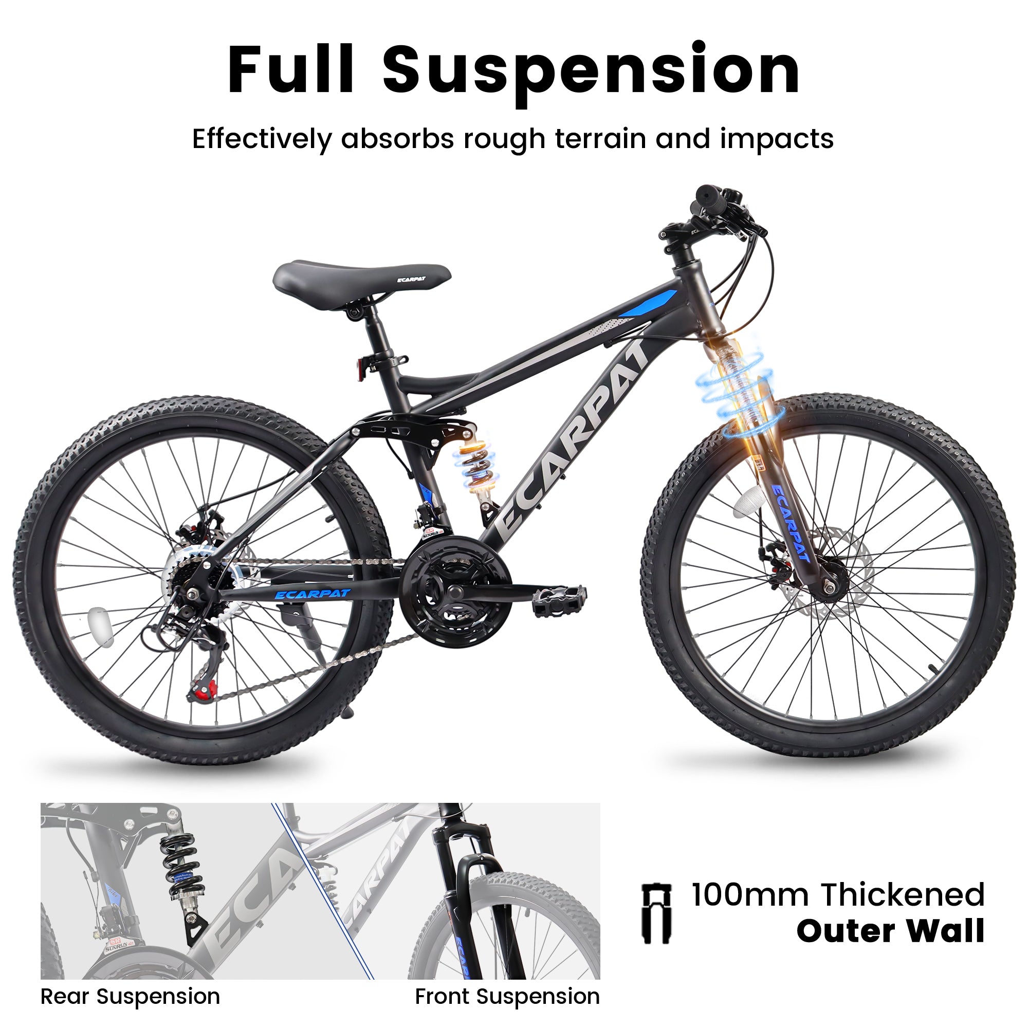 Ecarpat 27 inch wheels, 21 speed fully suspended off-road mountain bike, carbon steel frame disc shock absorber bike