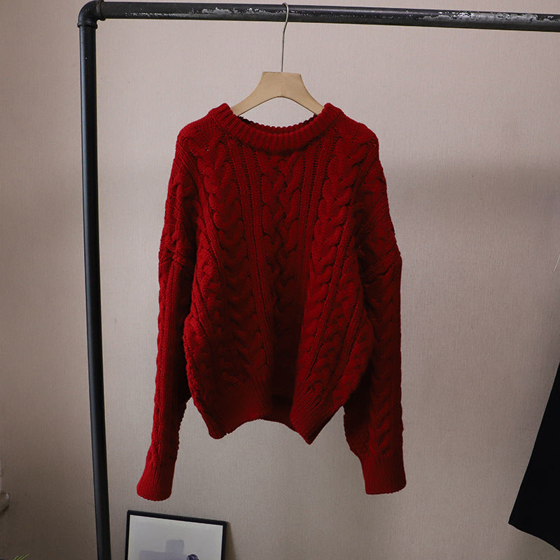 Round Neck Cable Knit Loose Lazy Versatile Thick Knitted Sweater for Women