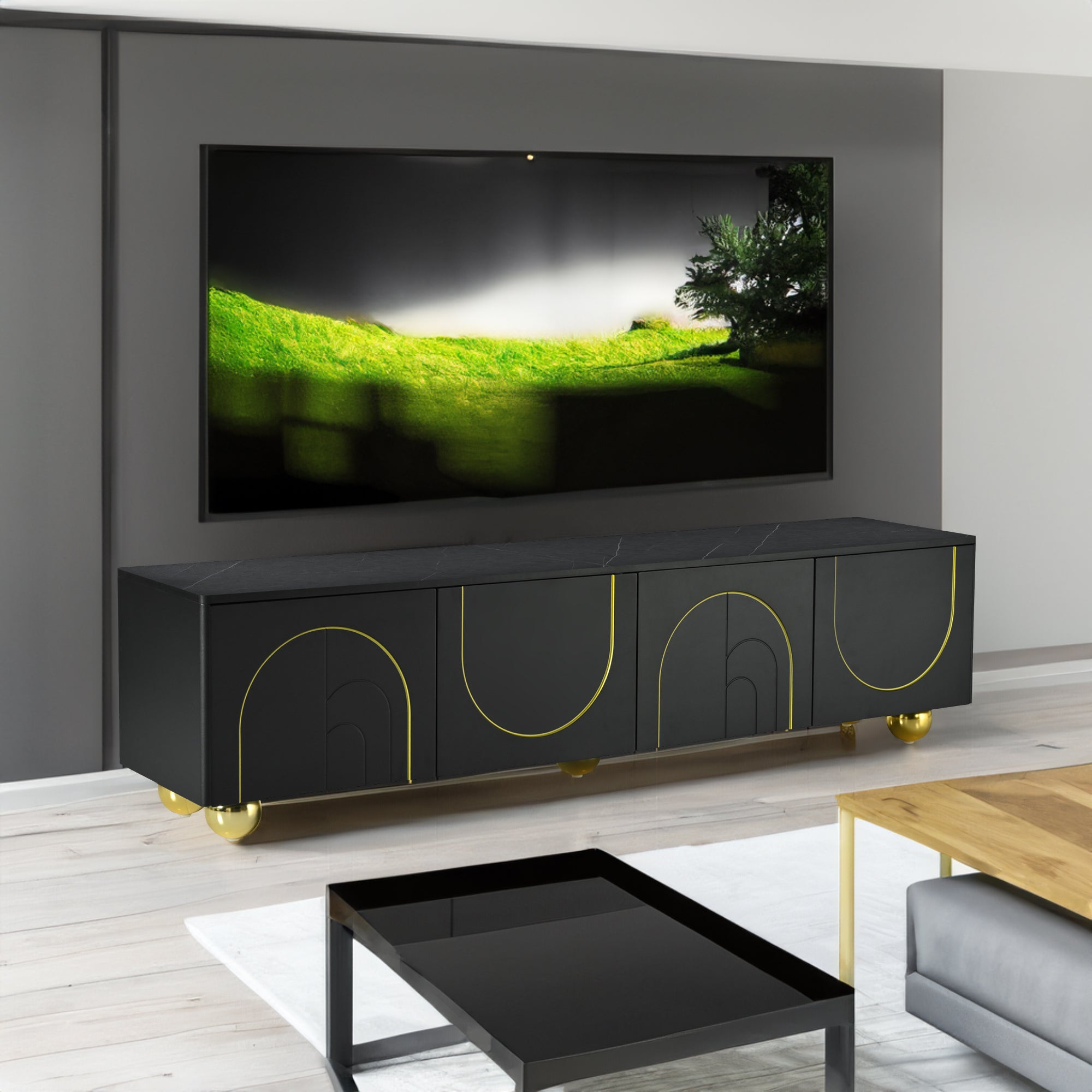 U-Can modern TV stand is suitable for TVs under 75 inches and comes with a storage cabinet top marble pattern and circular stand