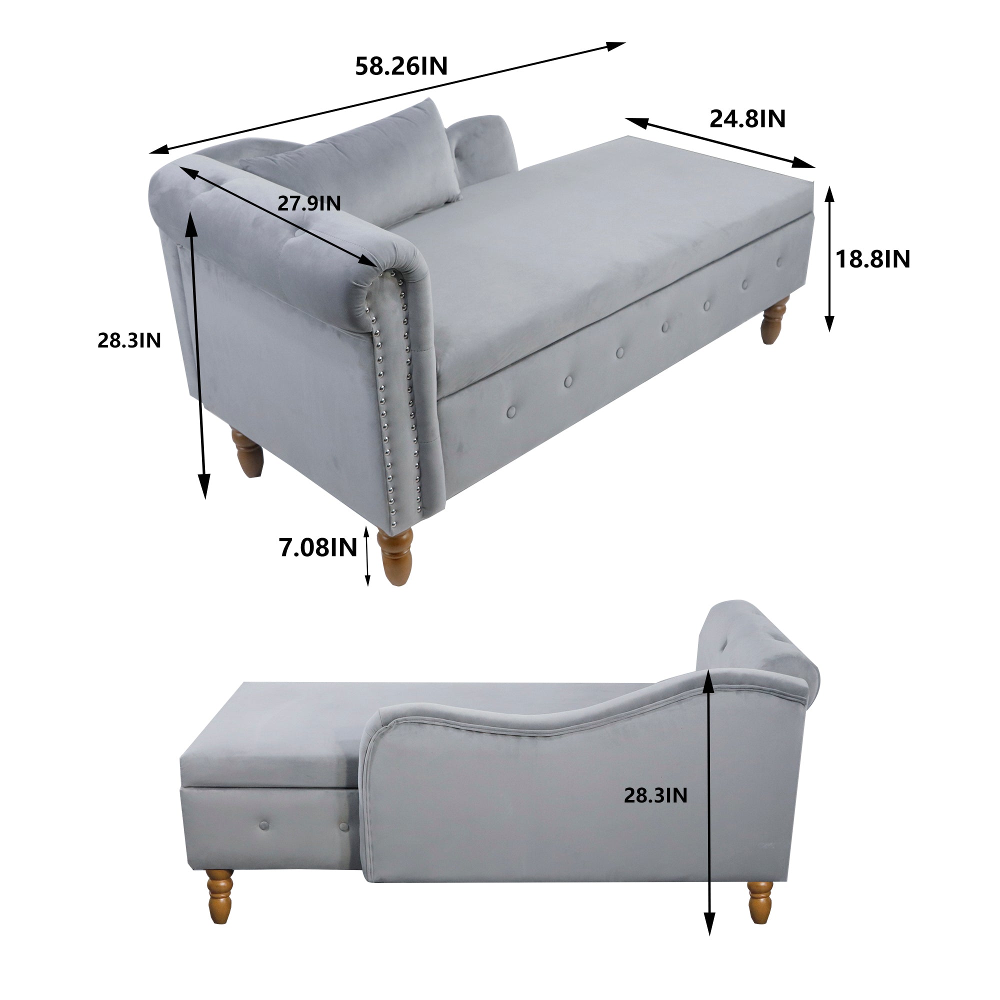 Grey Chaise Lounge Indoor Velvet Lounge Chair for Bedroom with Storage & Pillow Modern Upholstered Rolled Arm Chase Lounge