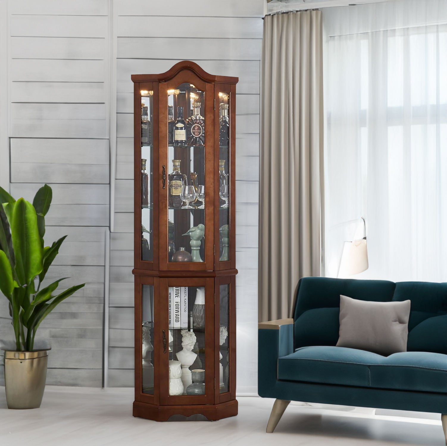 Corner Curio cabinet, adjustable tempered glass frame, rearview mirror, display cabinet, walnut wood (excluding E26 bulbs)