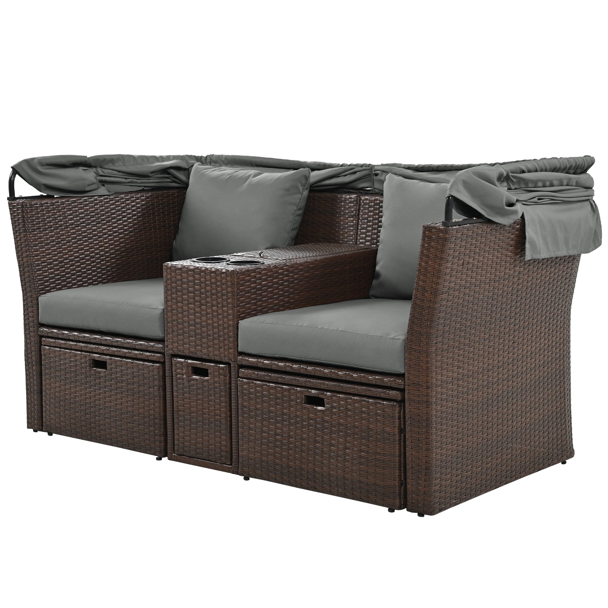 2-Seater Outdoor Patio Daybed Outdoor Double Daybed Outdoor Loveseat Sofa Set with Foldable Awning and Cushions