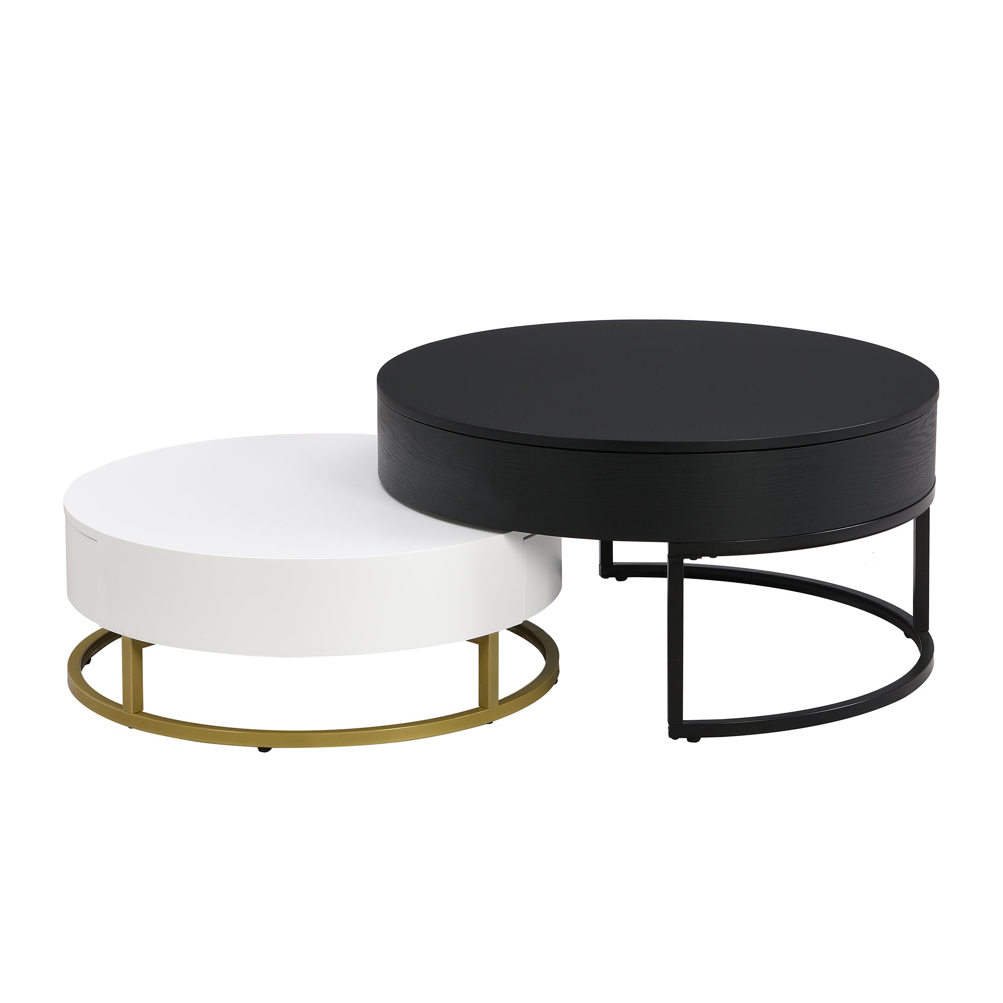 Modern Round Lift-top Nesting Coffee Tables with 2 Drawers White & Black