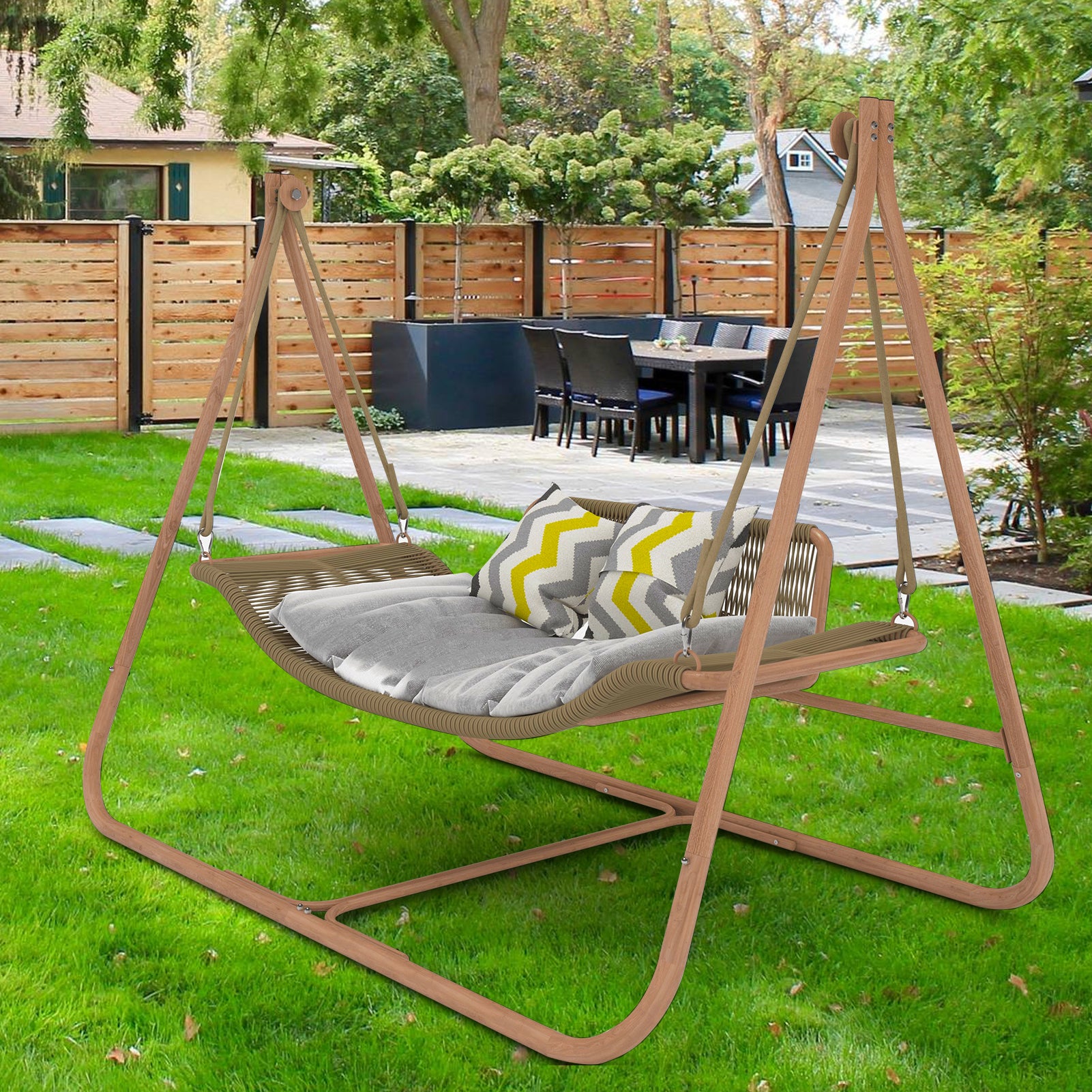 Hammock Swing Chair with Stand for Indoor Outdoor Anti-Rust Wood-Colored Frame 570 lbs Capacity