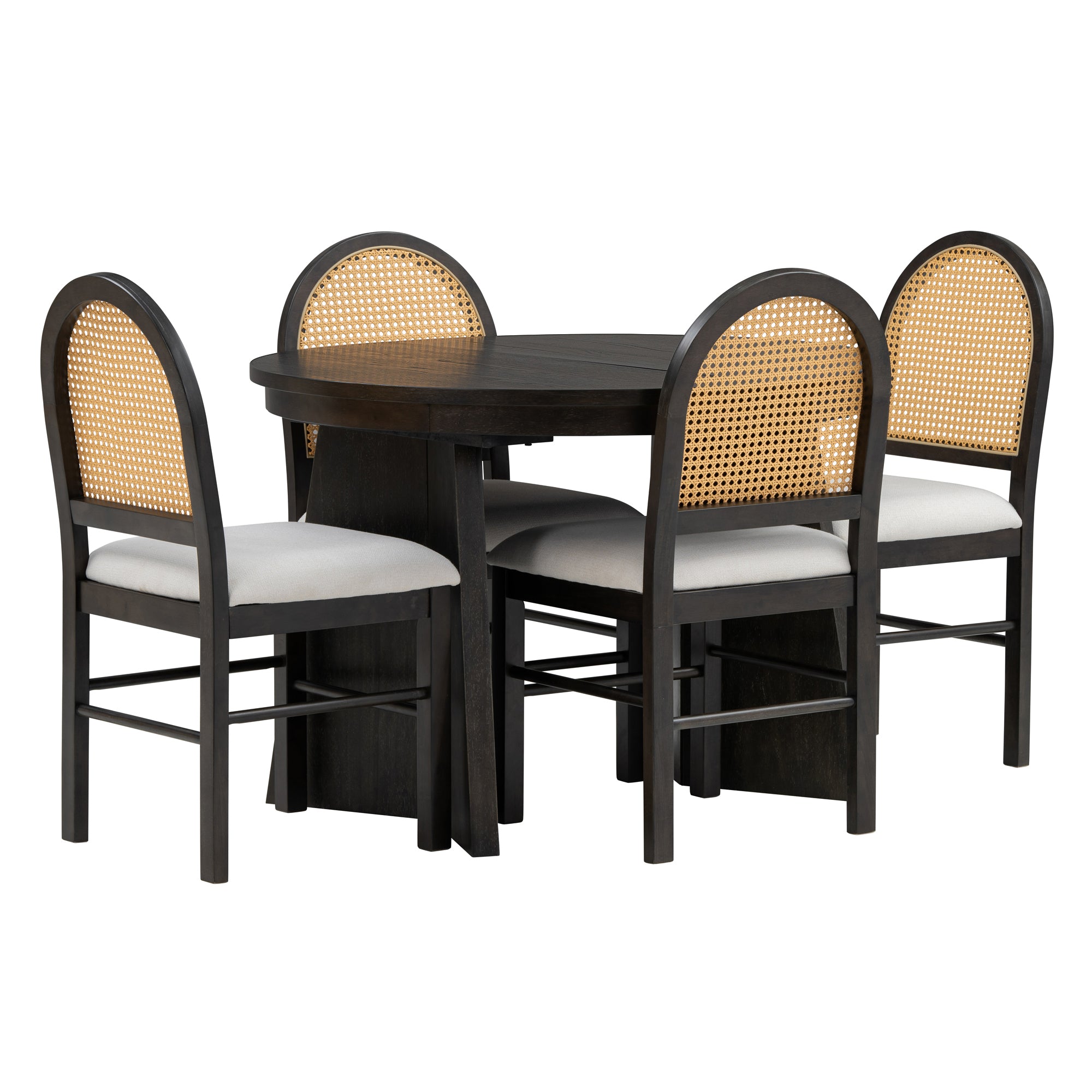 TREXM 5-piece retro functional cutlery set with 1 expandable dining table and 4 cushioned chairs with rattan backrests (espresso