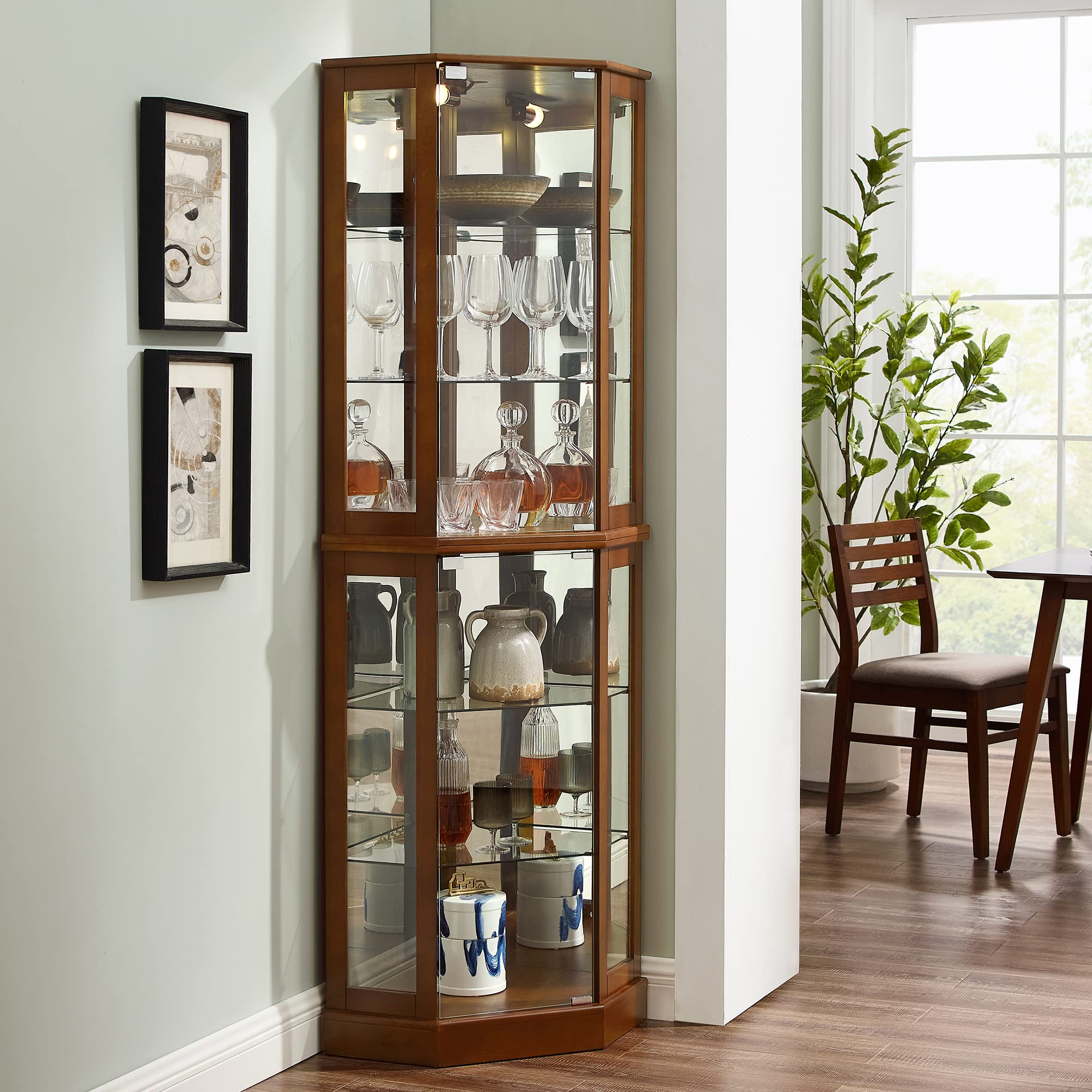 6 shelves corner Curio display cabinet with light mirror and adjustable shelves, walnut wood (excluding E26 light bulbs)