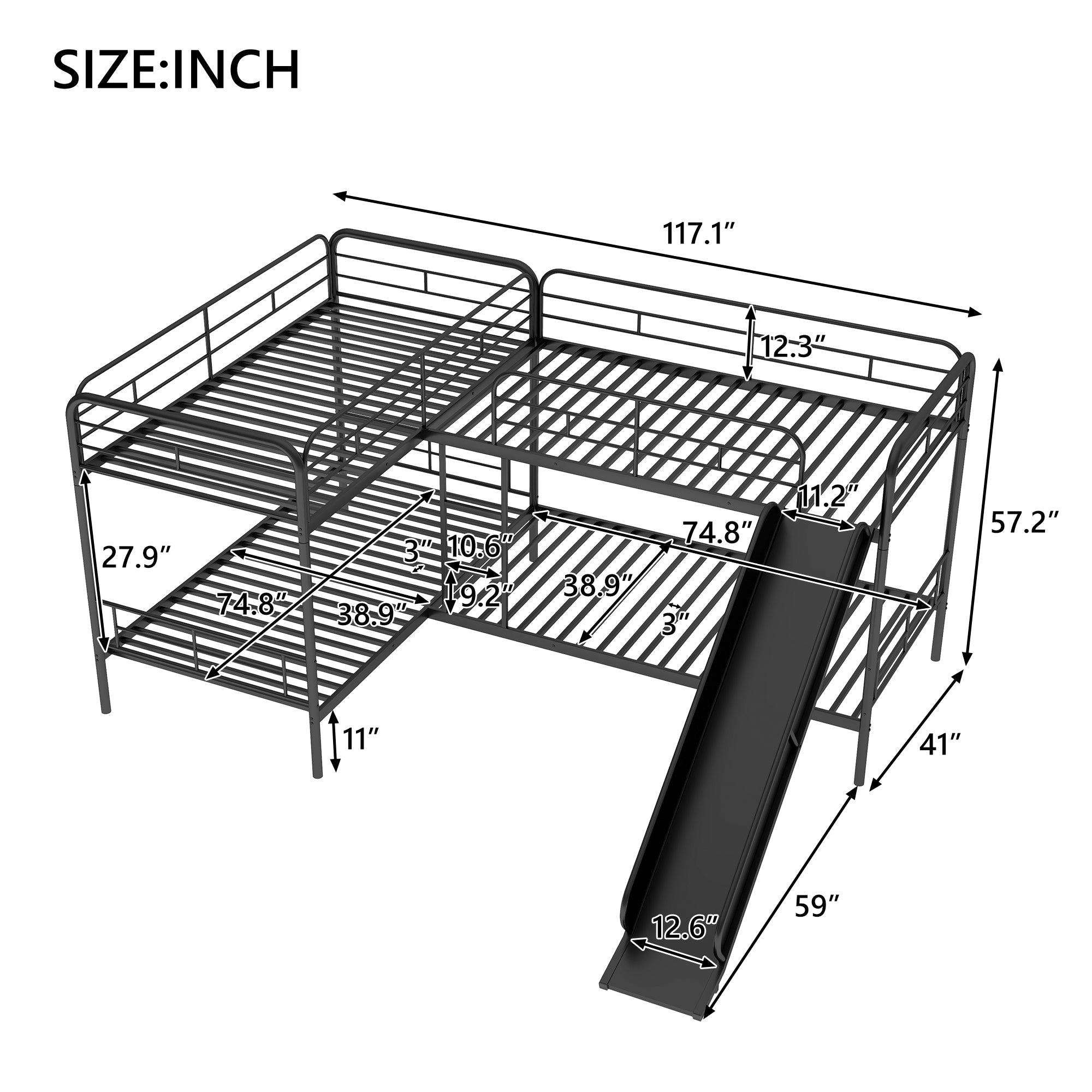 Twin Size L-Shaped Bunk Bed with Slide and Ladder  Black