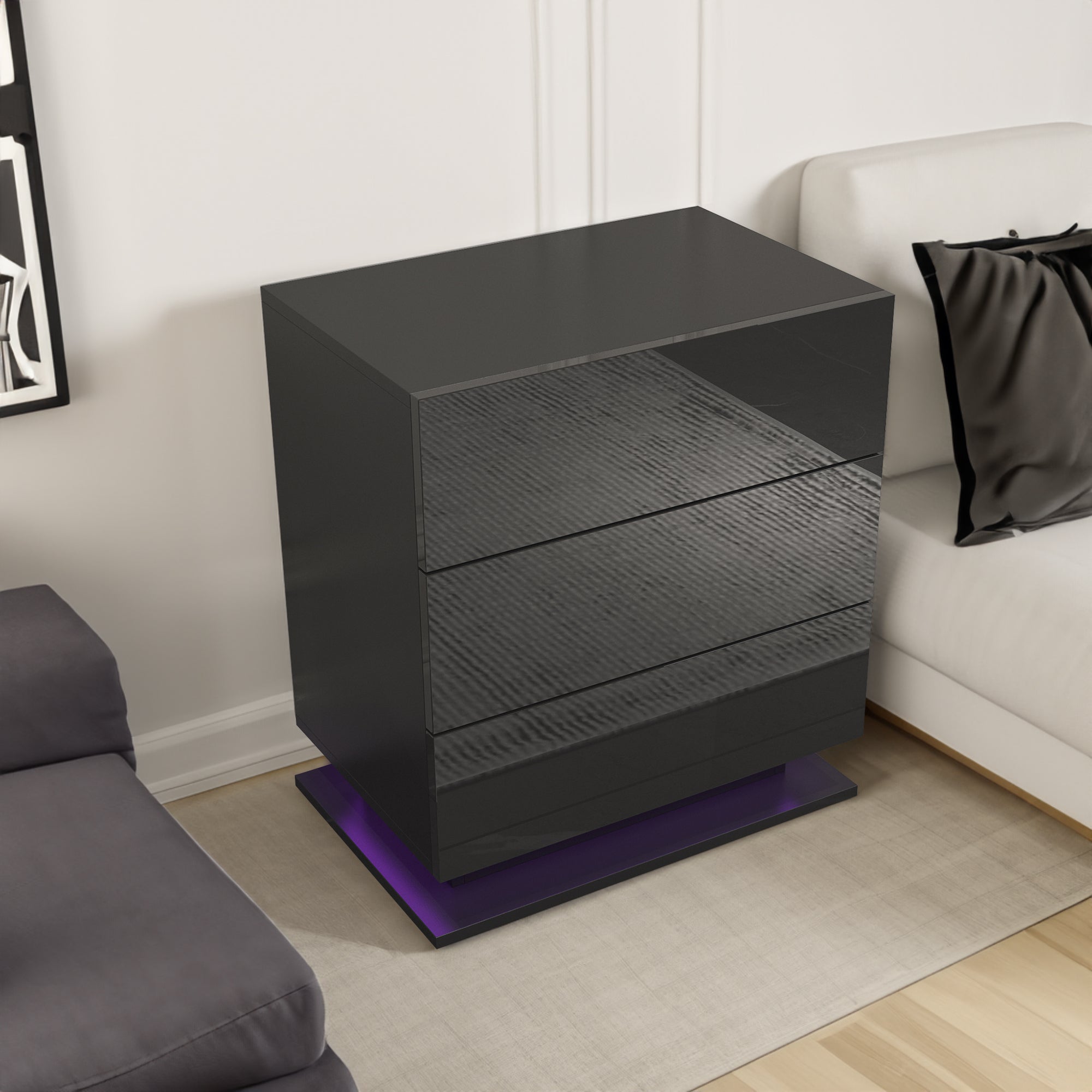 Nightstand with 3 Storage Drawers,Led Lights, End Table for Bedroom Furniture