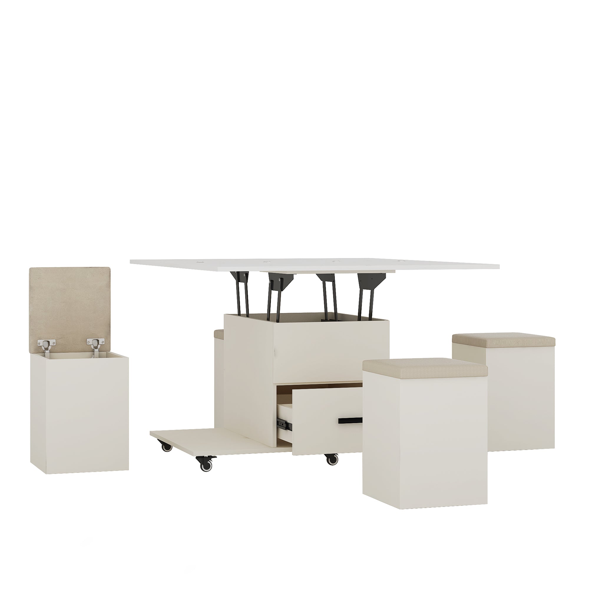 Modern lift coffee table, living room with 4 chairs, expandable 1 hidden storage space+2 drawers, folding dining table